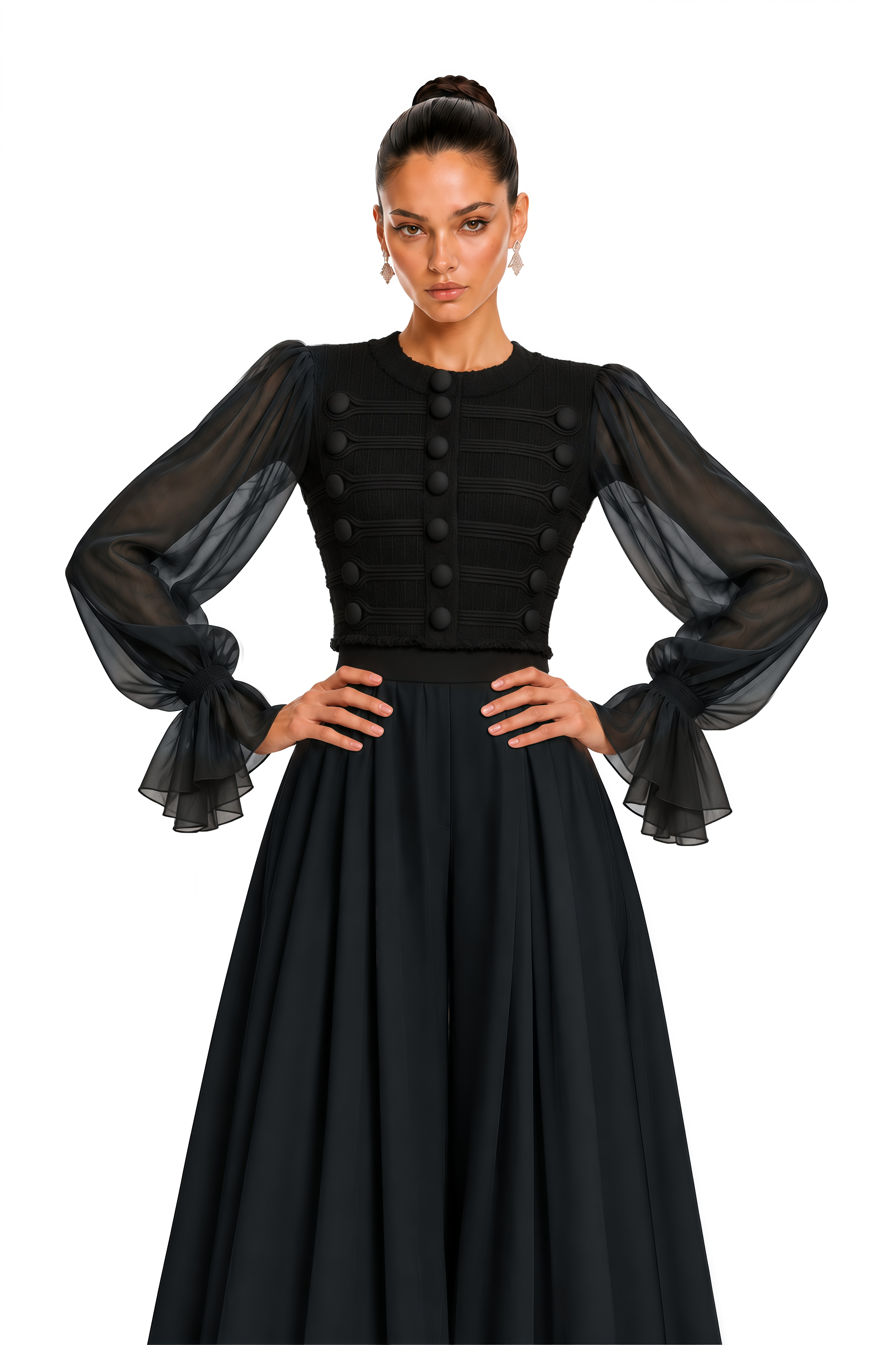 Coralie Black Button Detail Sheer Sleeve Blouse