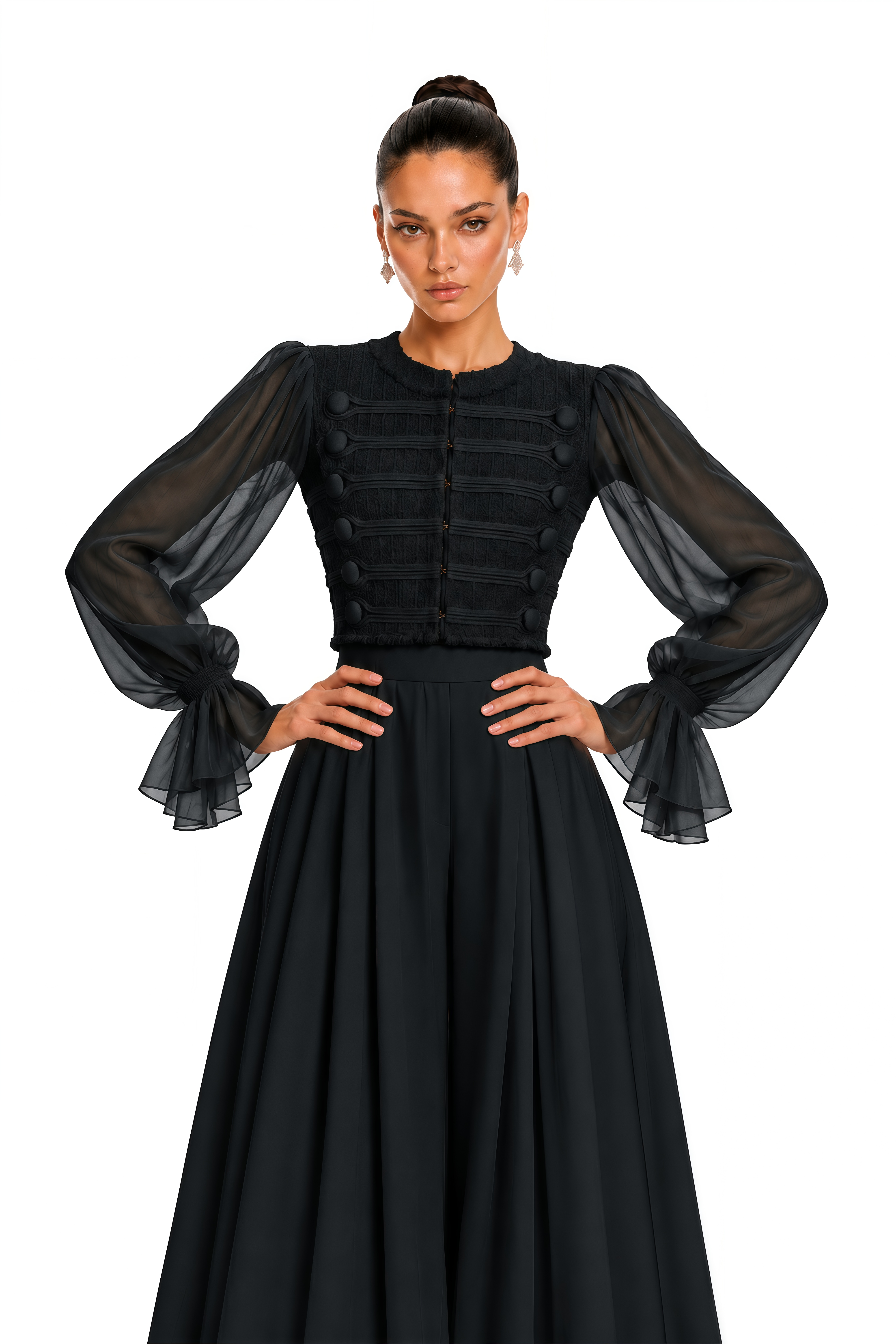 Coralie Black Button Detail Sheer Sleeve Blouse