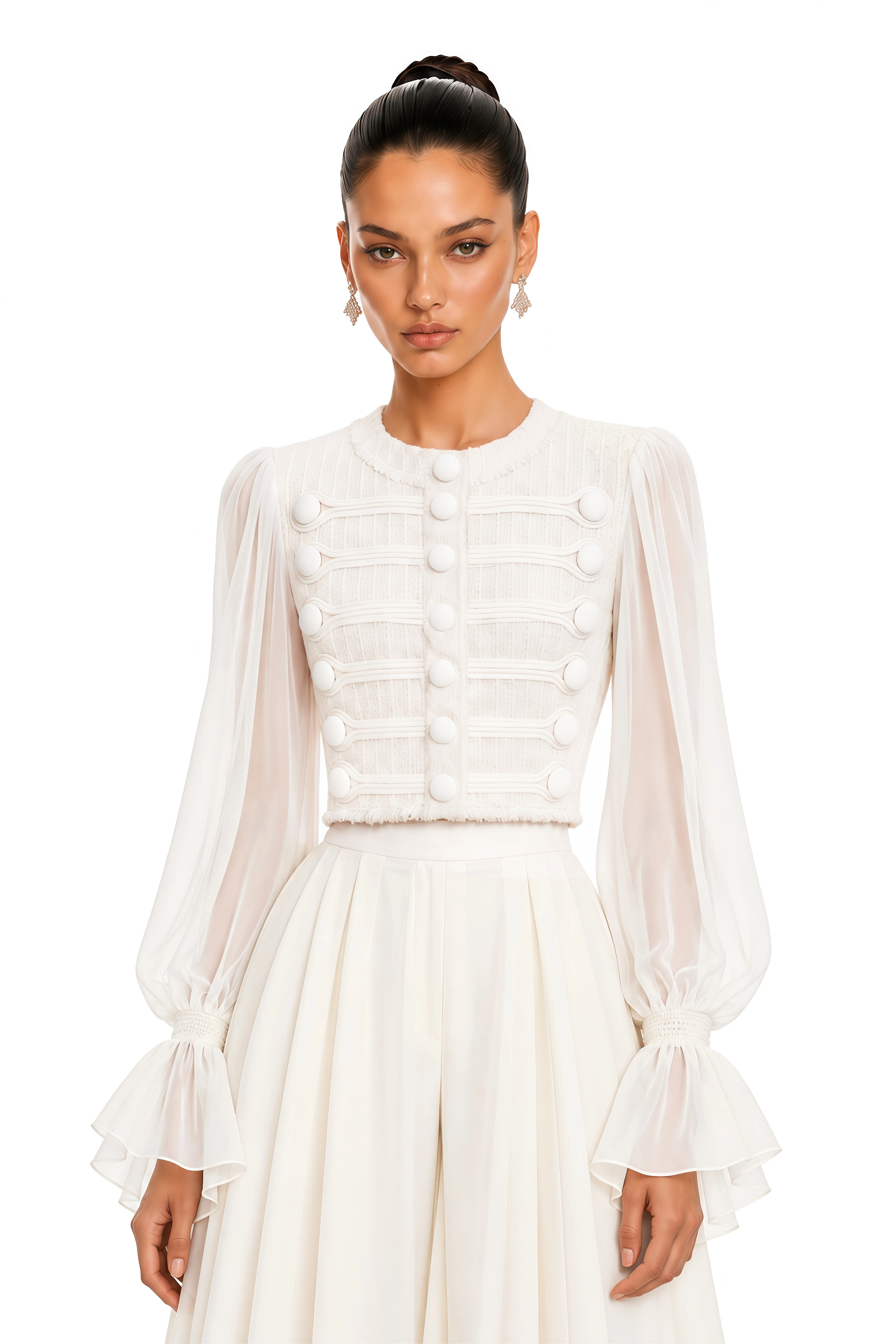 Coralie Ivory Button Detail Sheer Sleeve Blouse
