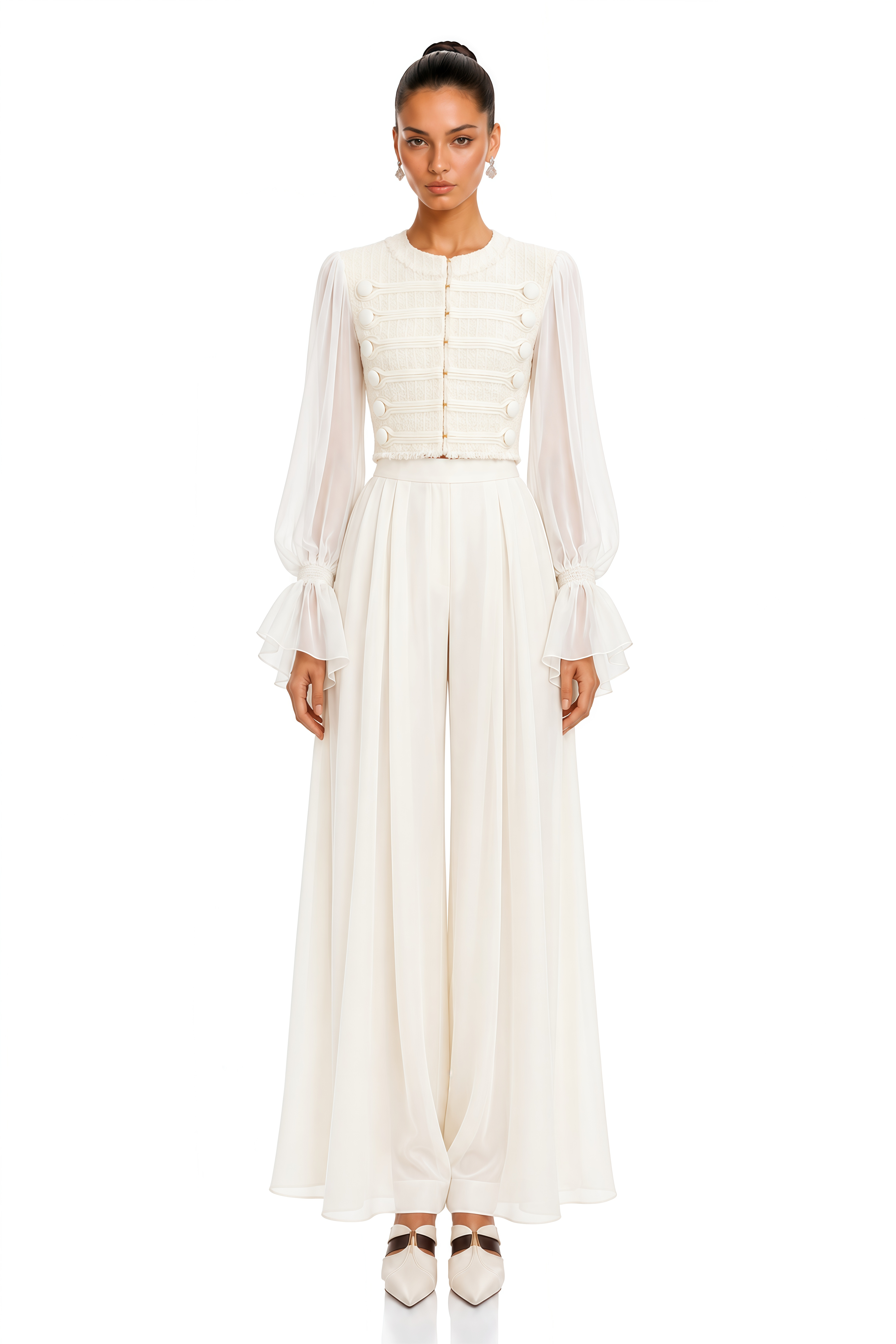 Coralie Ivory Button Detail Sheer Sleeve Blouse