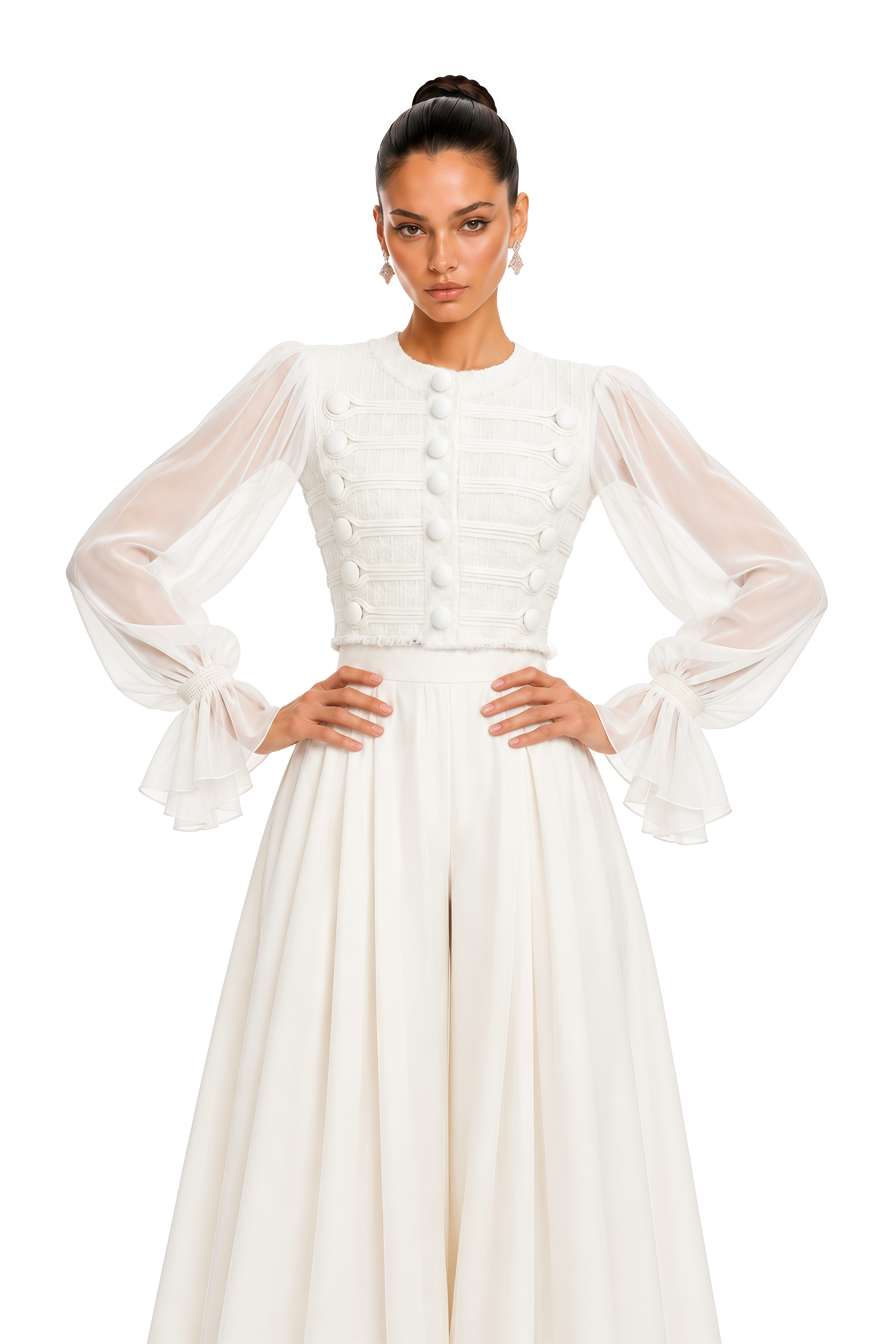 Coralie Ivory Button Detail Sheer Sleeve Blouse