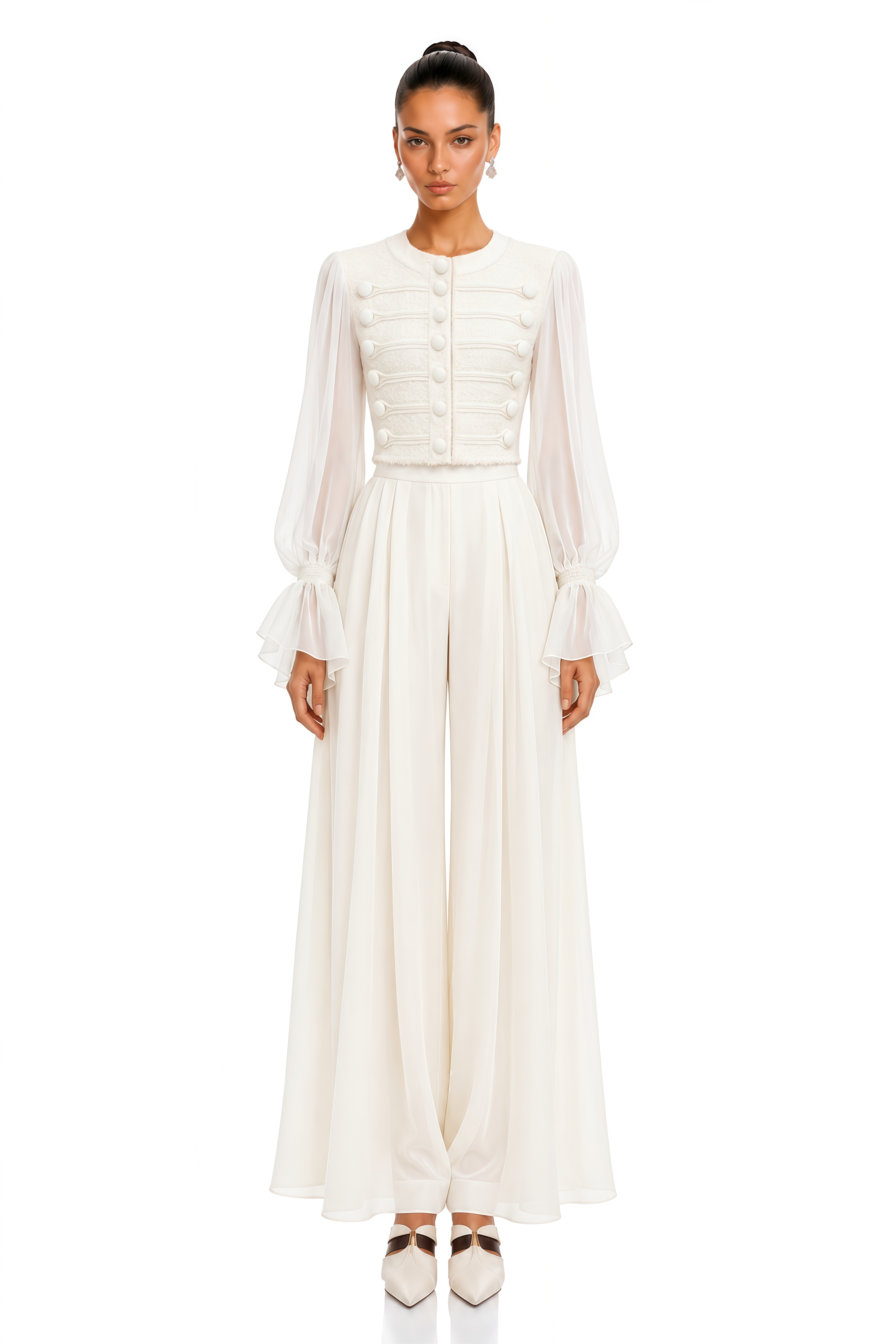 Coralie Ivory Button Detail Sheer Sleeve Blouse