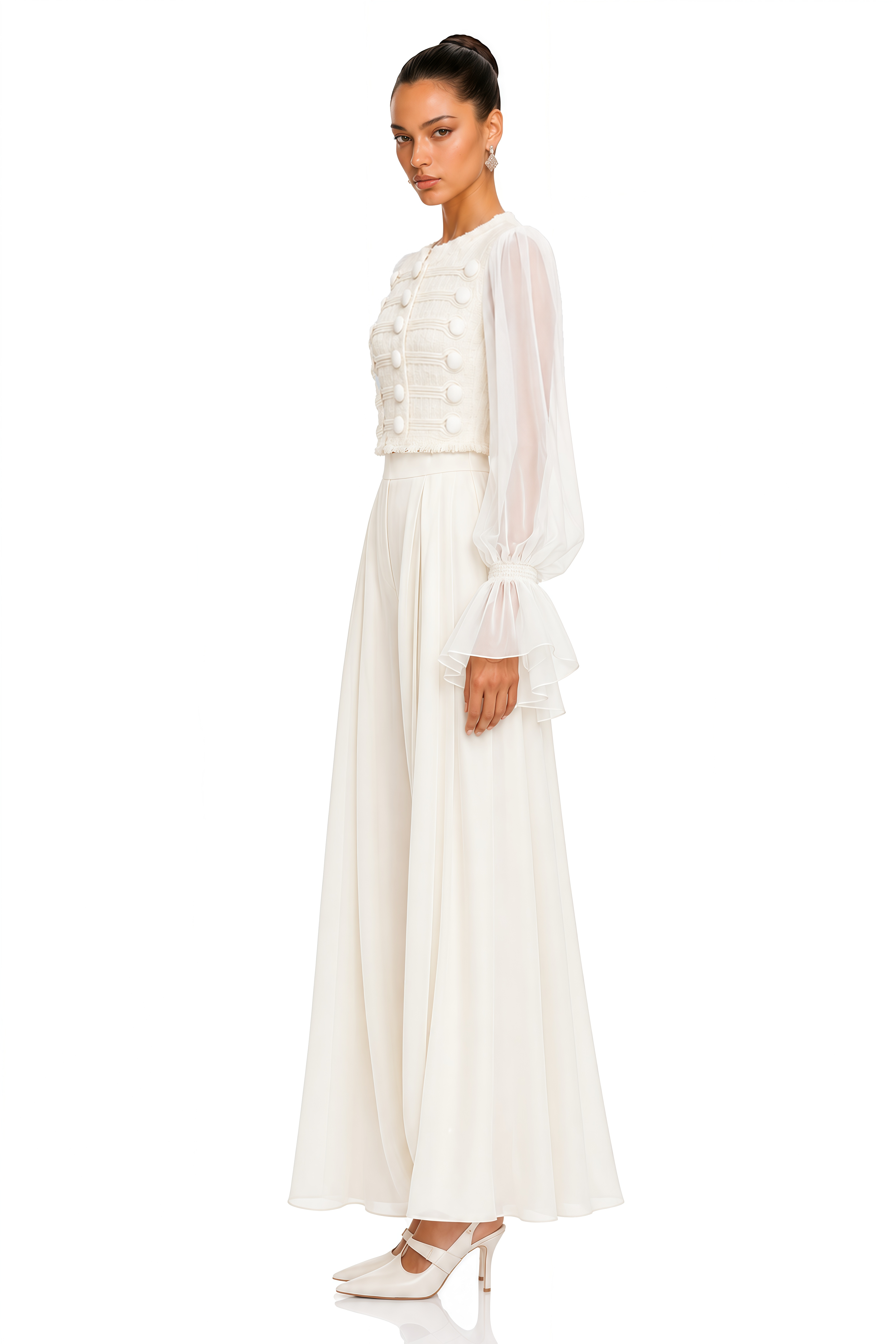 Coralie Ivory Button Detail Sheer Sleeve Blouse