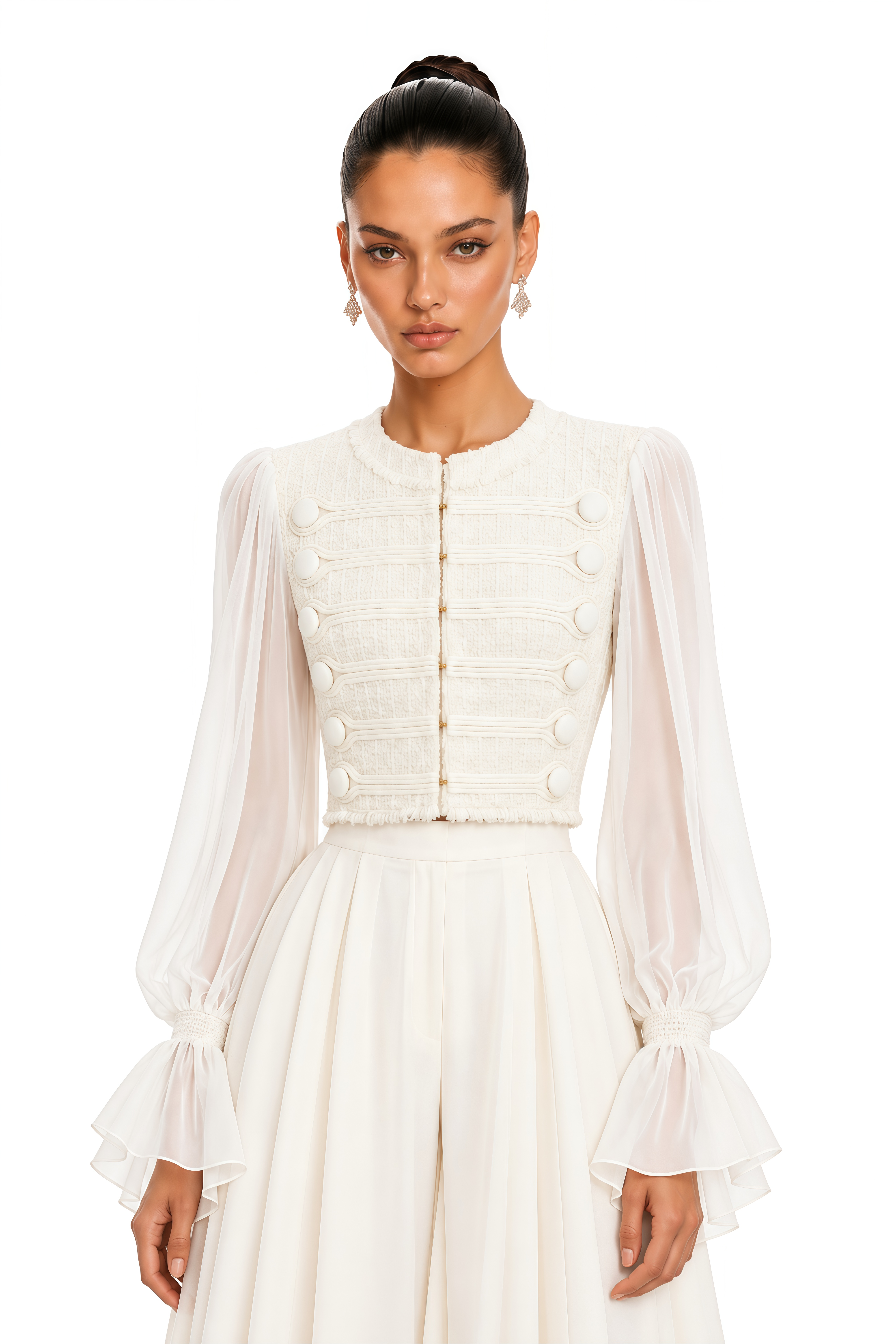 Coralie Ivory Button Detail Sheer Sleeve Blouse