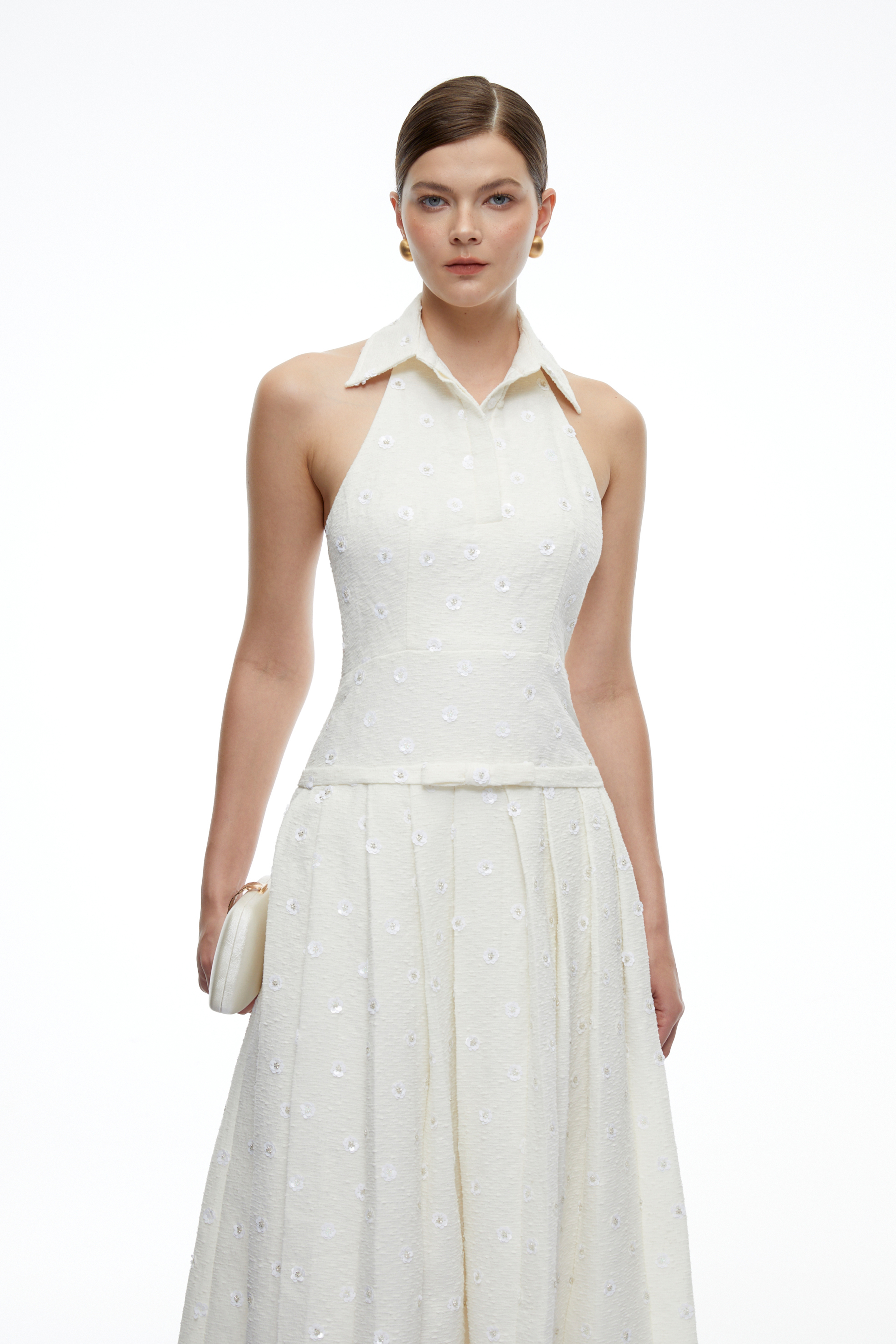 Coralie White Collared Halter Pleated Midi Dress
