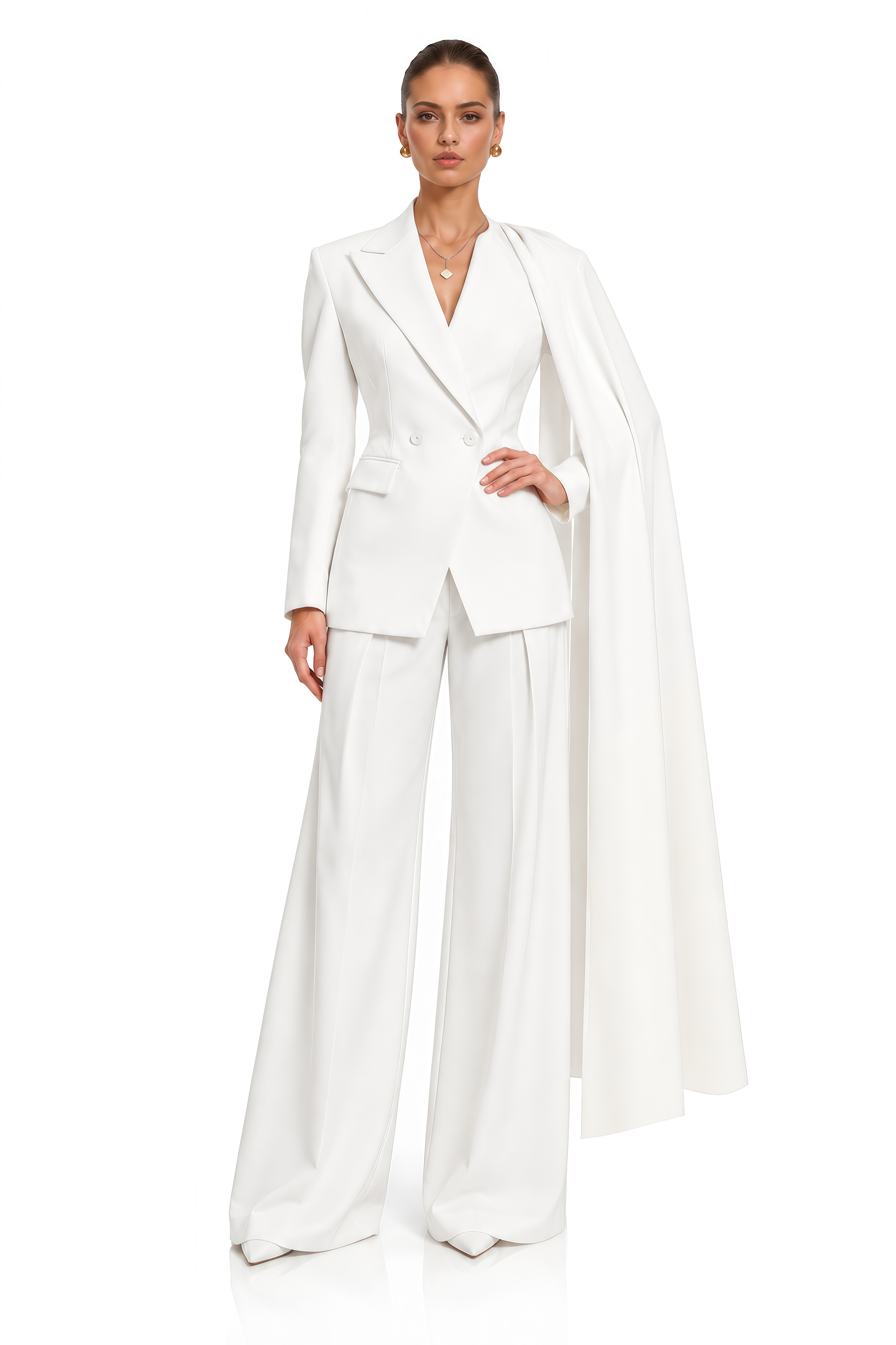 Coralie White Scarf Draped Blazer & Wide Leg Trousers Set