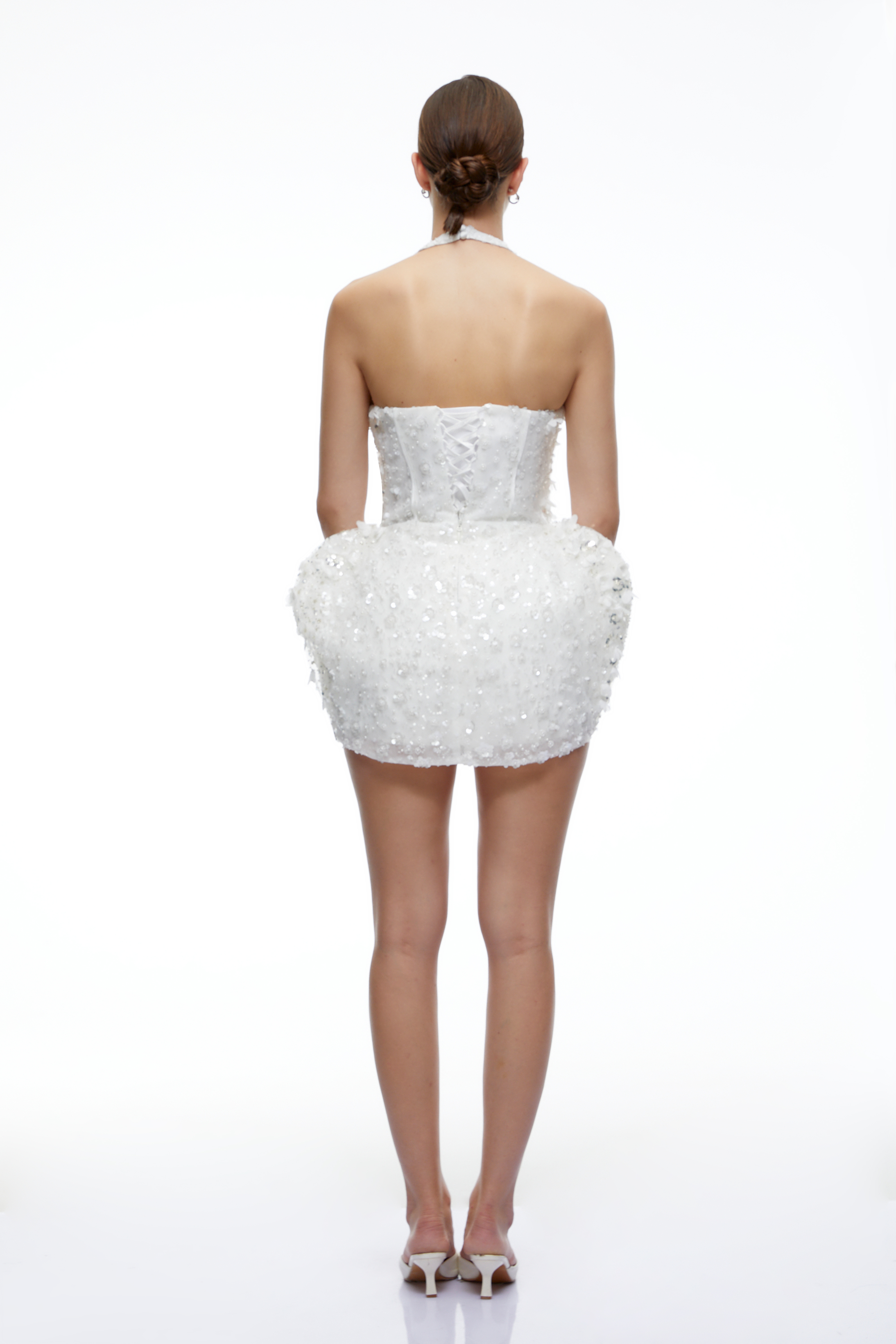 Coraline White Floral Appliqué Halterneck Mini Dress