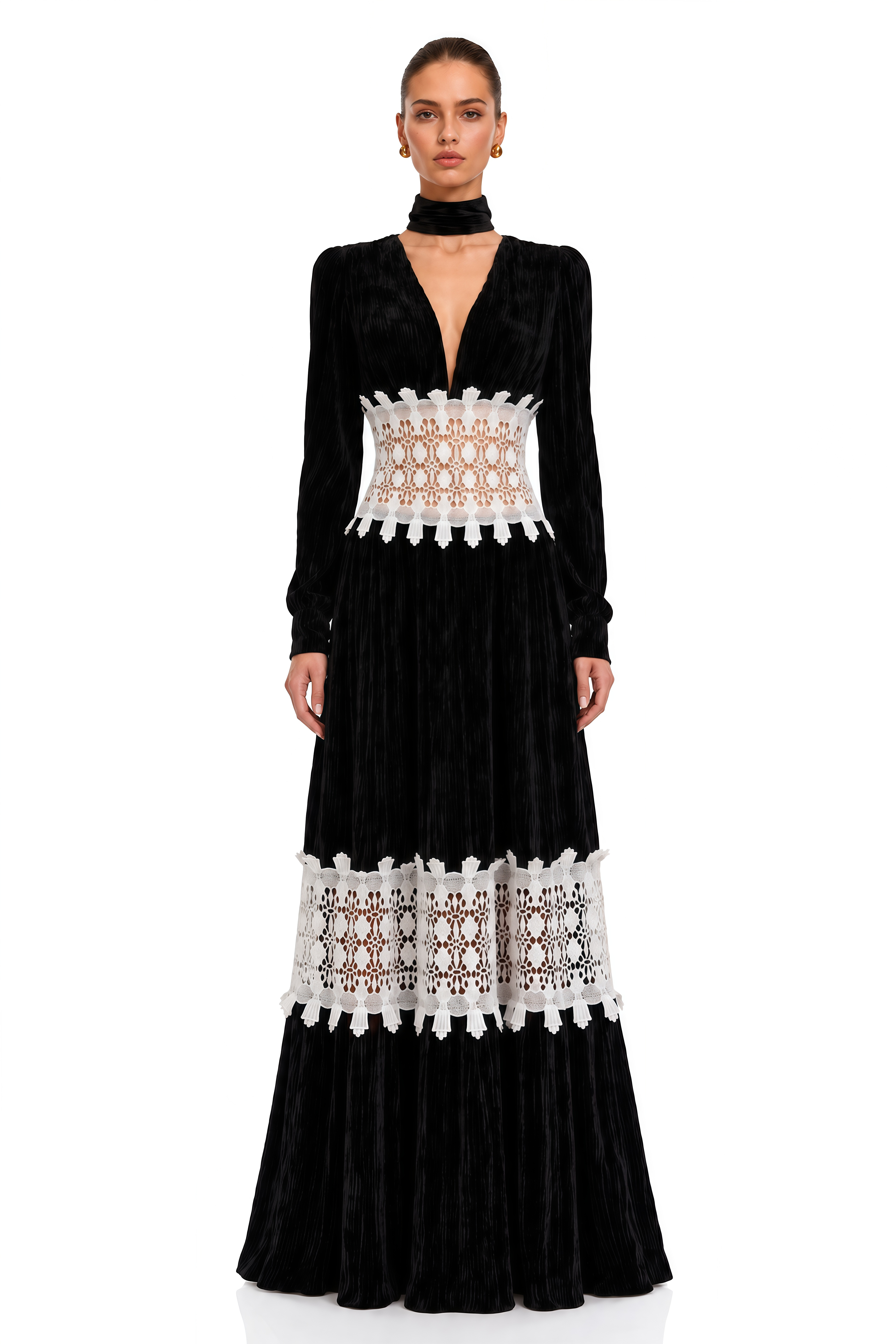 Coriselle Black Lace Trim Long Sleeve Maxi Dress