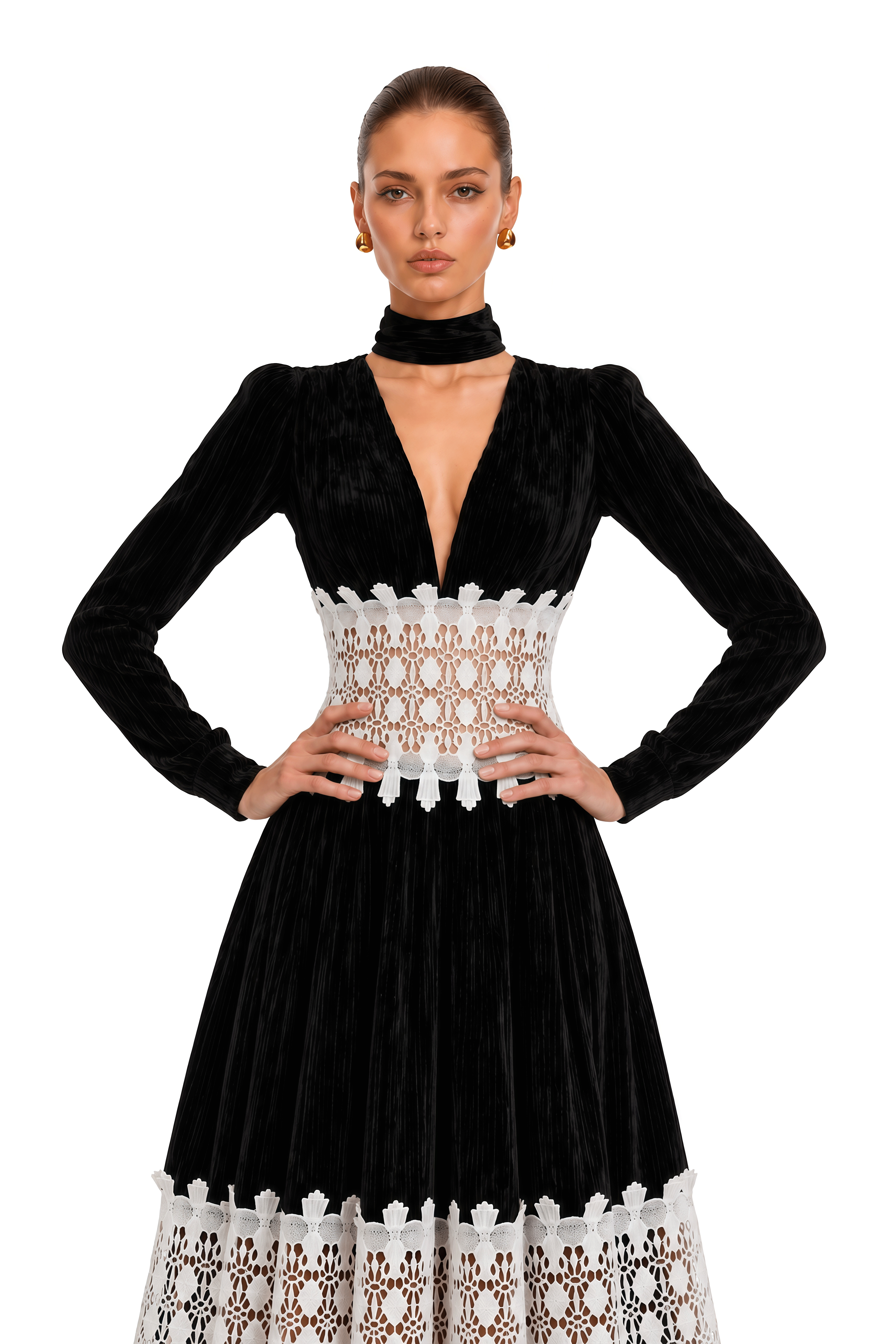 Coriselle Black Lace Trim Long Sleeve Maxi Dress