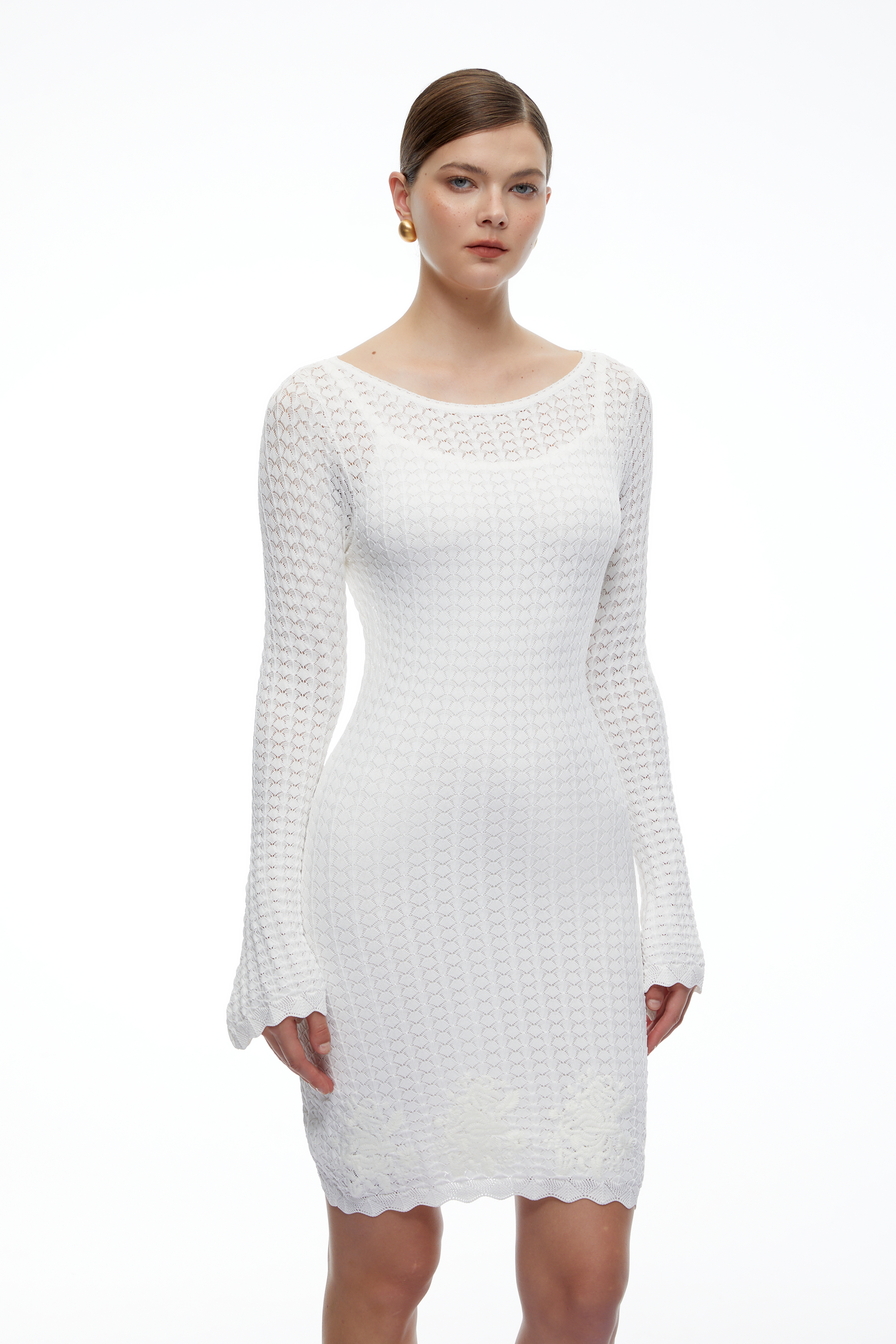 Cosima White Crochet Long Sleeves Mini Dress