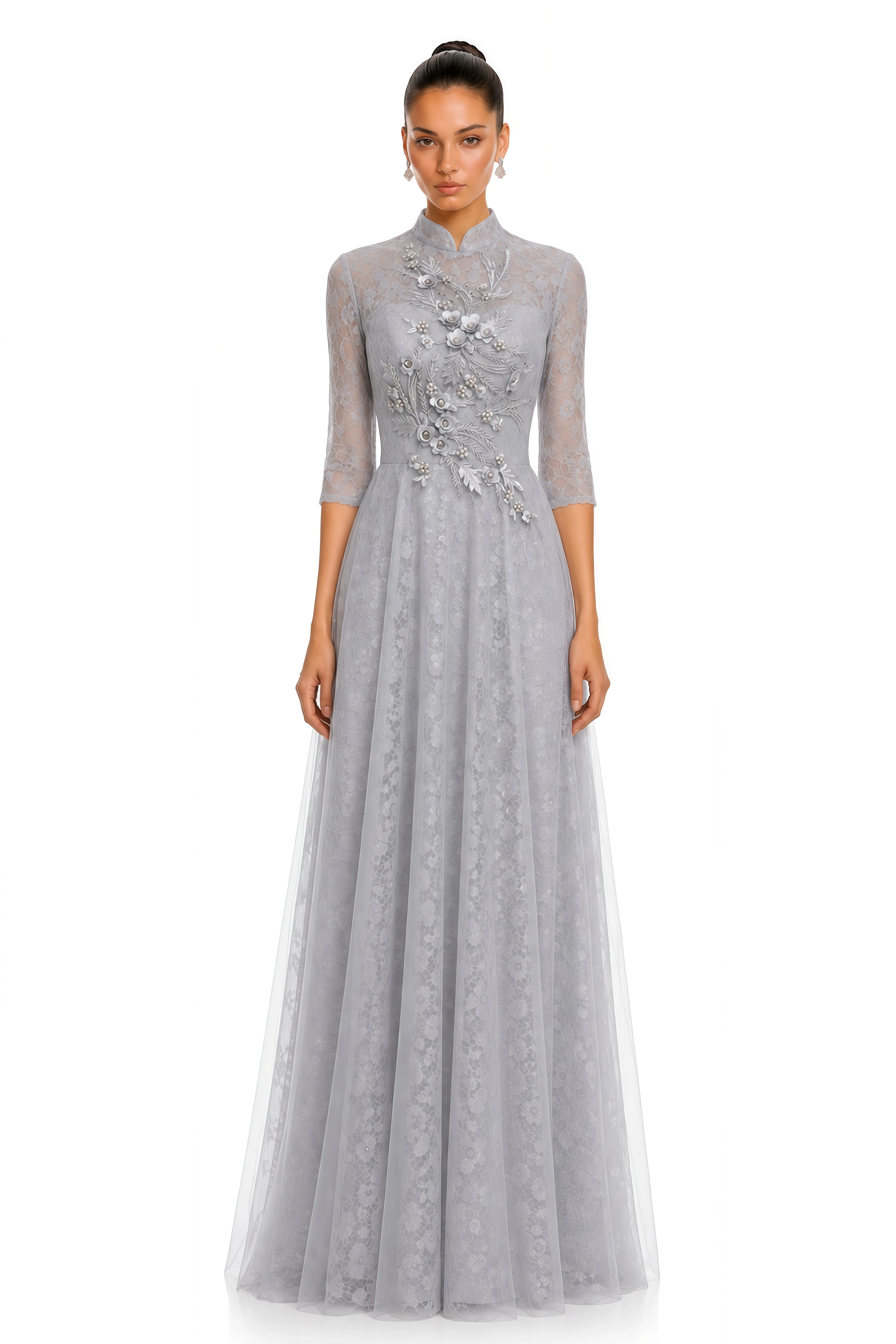 Cressida Silver Grey Lace Half-Sleeve Maxi Dress