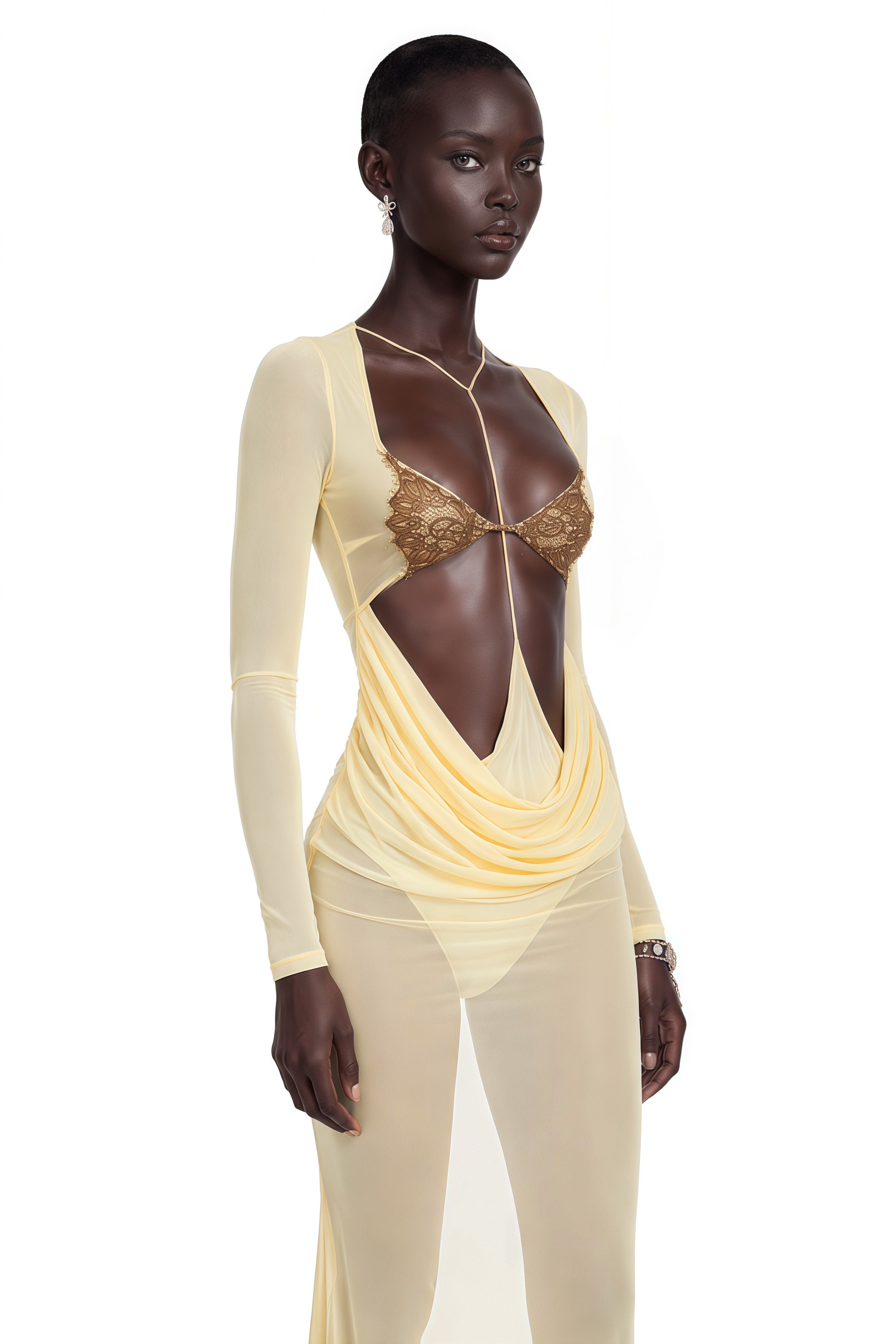 Cressida Yellow Cut-Out Semi-Sheer Fishtail Maxi Dress