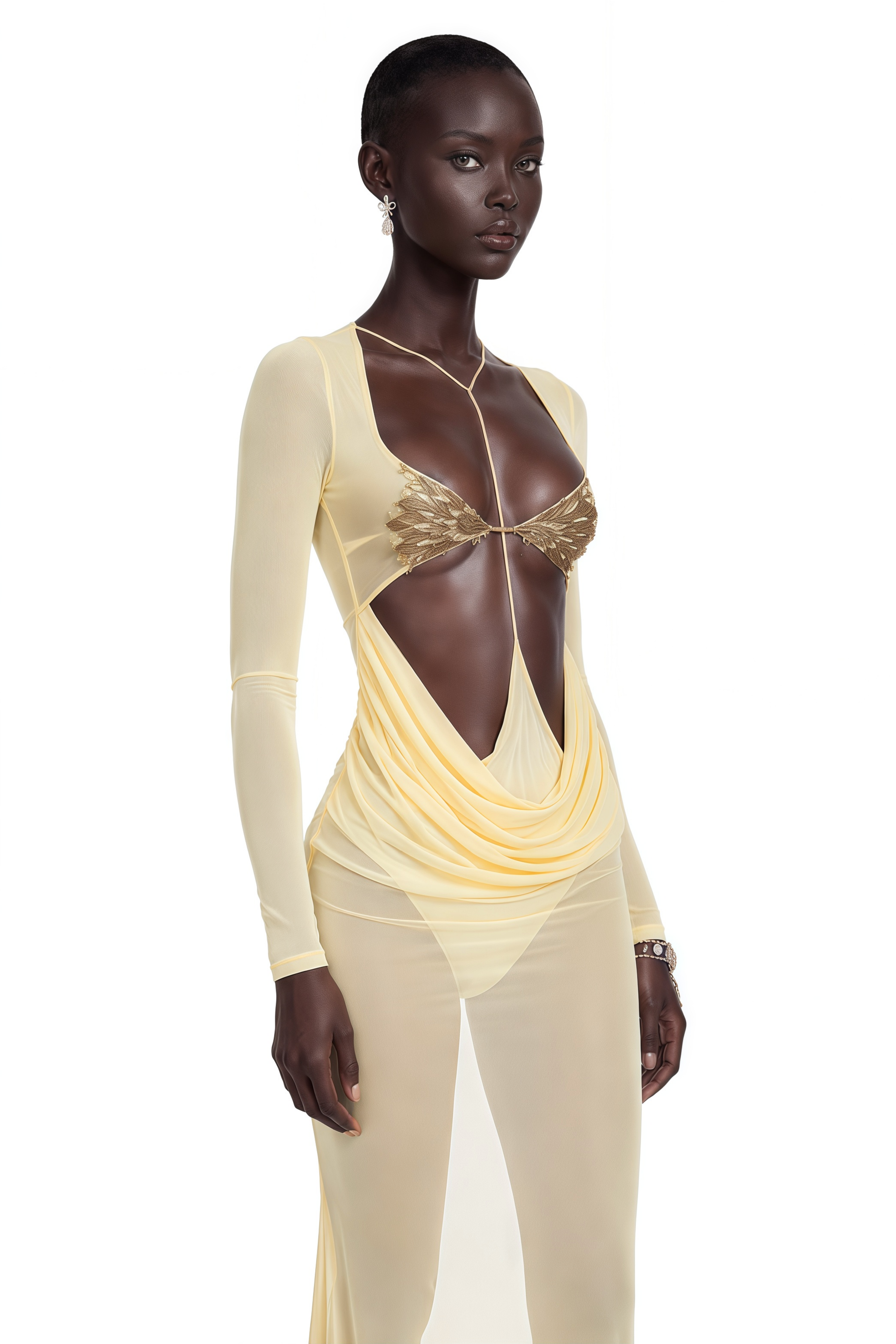 Pale yellow sheer long-sleeved gown with gold bra detail
