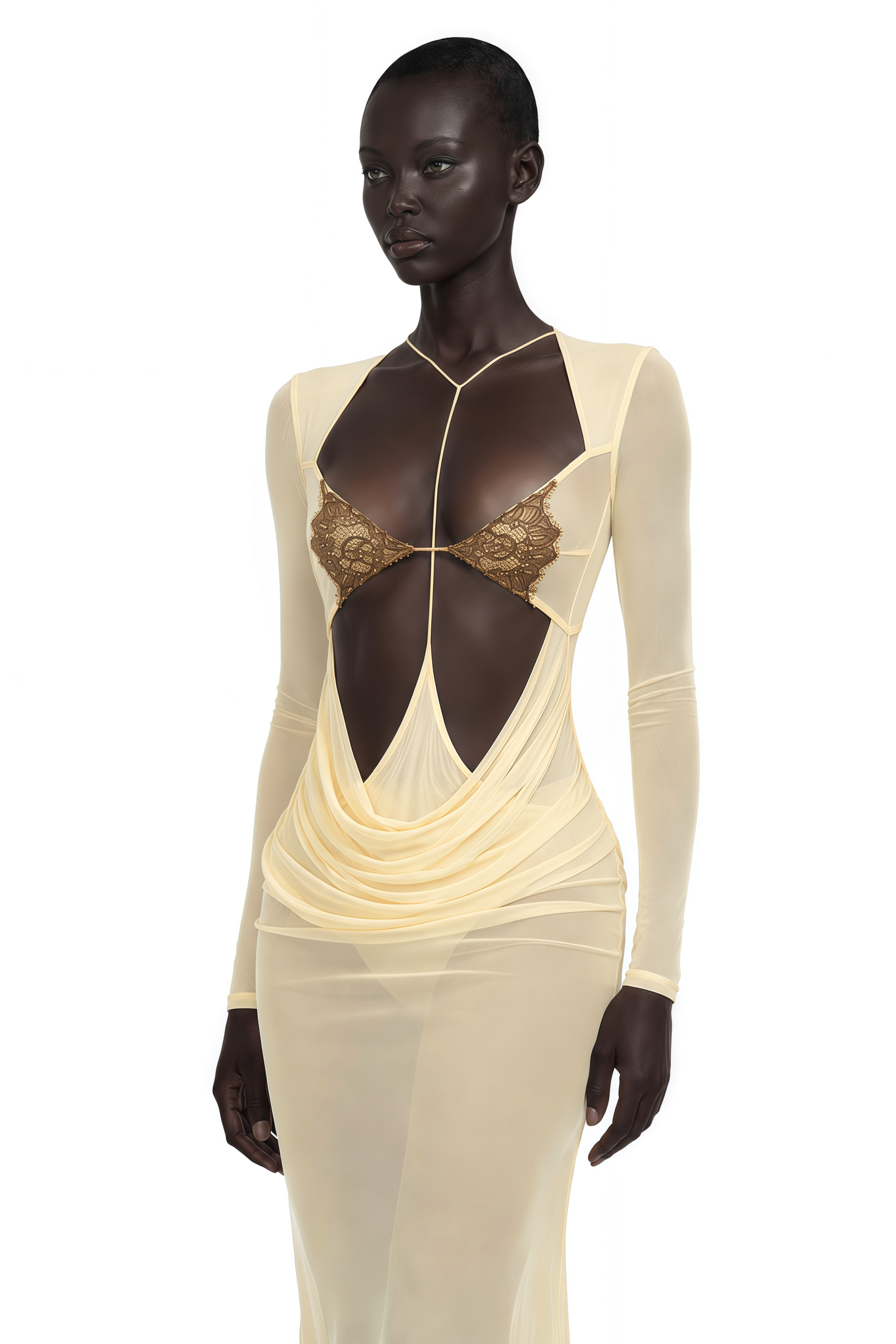 Cressida Yellow Cut-Out Semi-Sheer Fishtail Maxi Dress