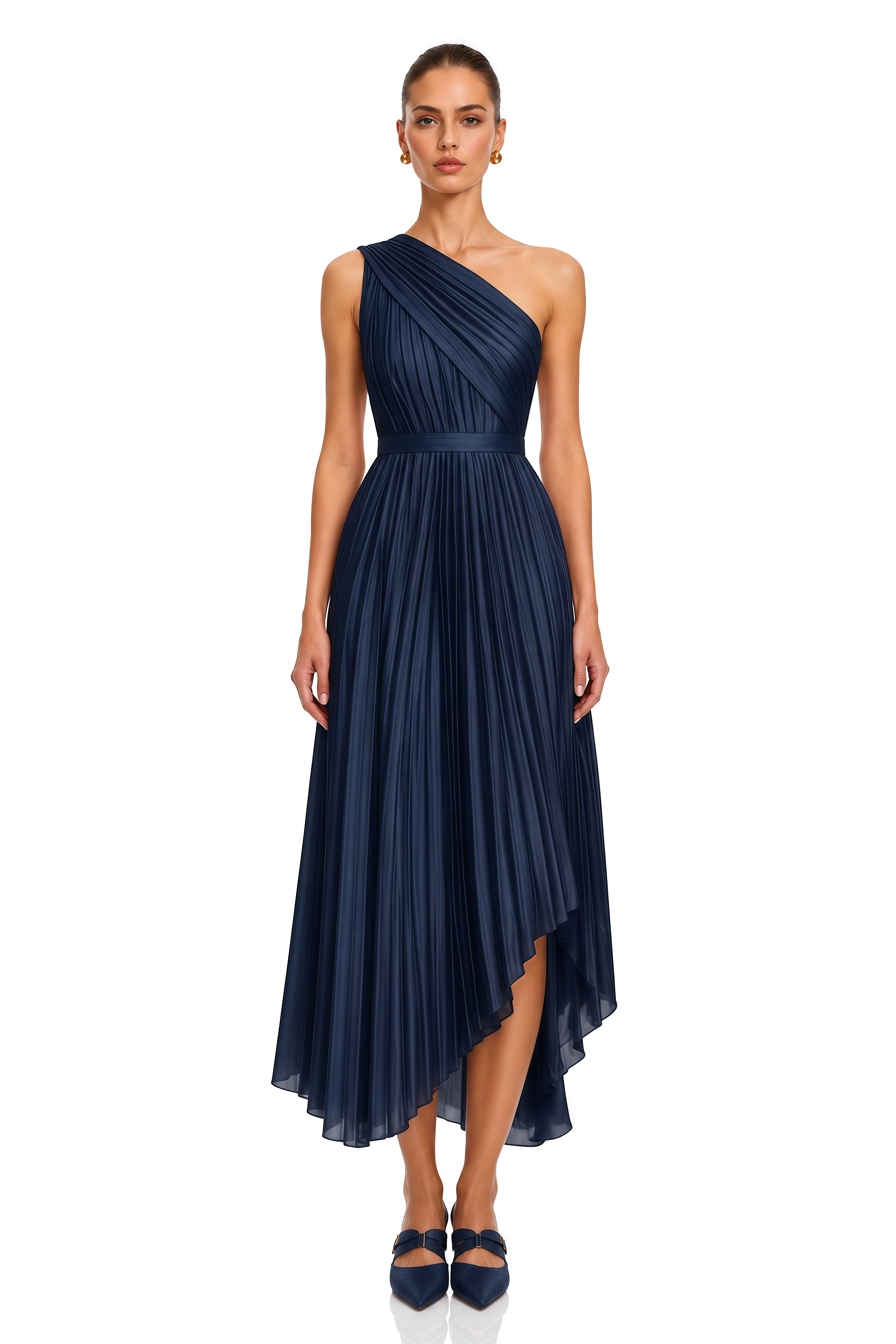 Cristina Navy Blue One-Shoulder Pleated Midi Dress