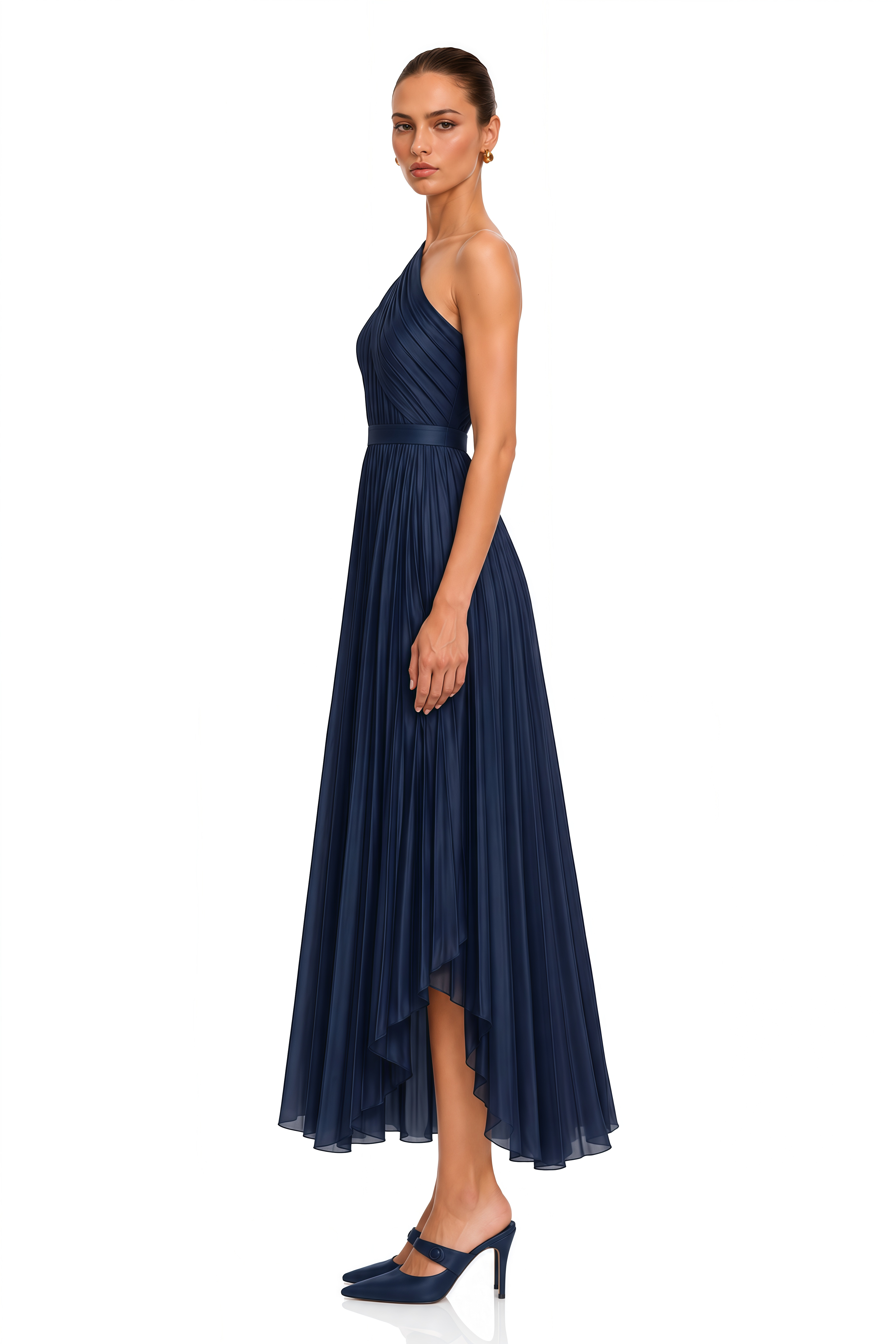 Cristina Navy Blue One-Shoulder Pleated Midi Dress