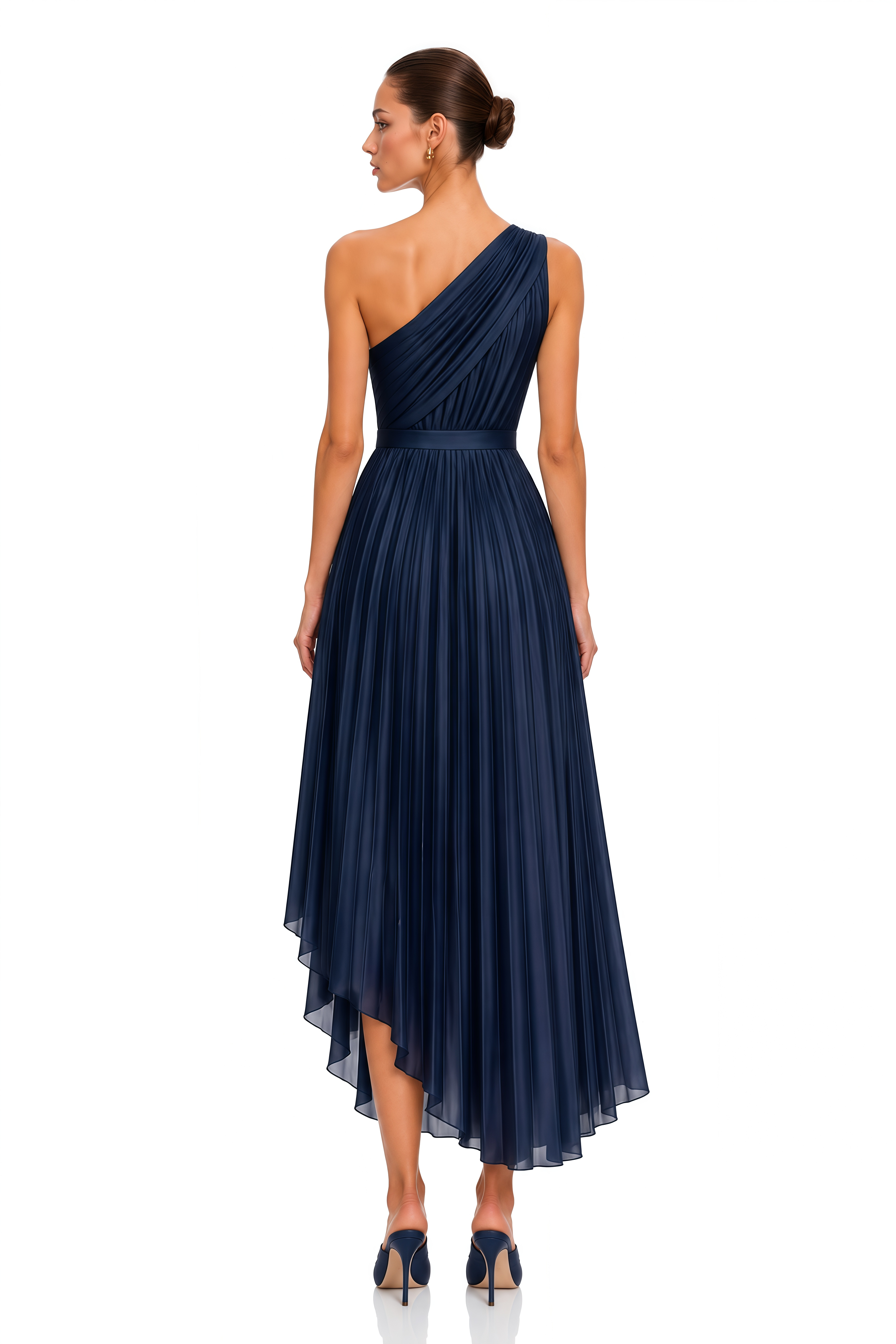 Cristina Navy Blue One-Shoulder Pleated Midi Dress