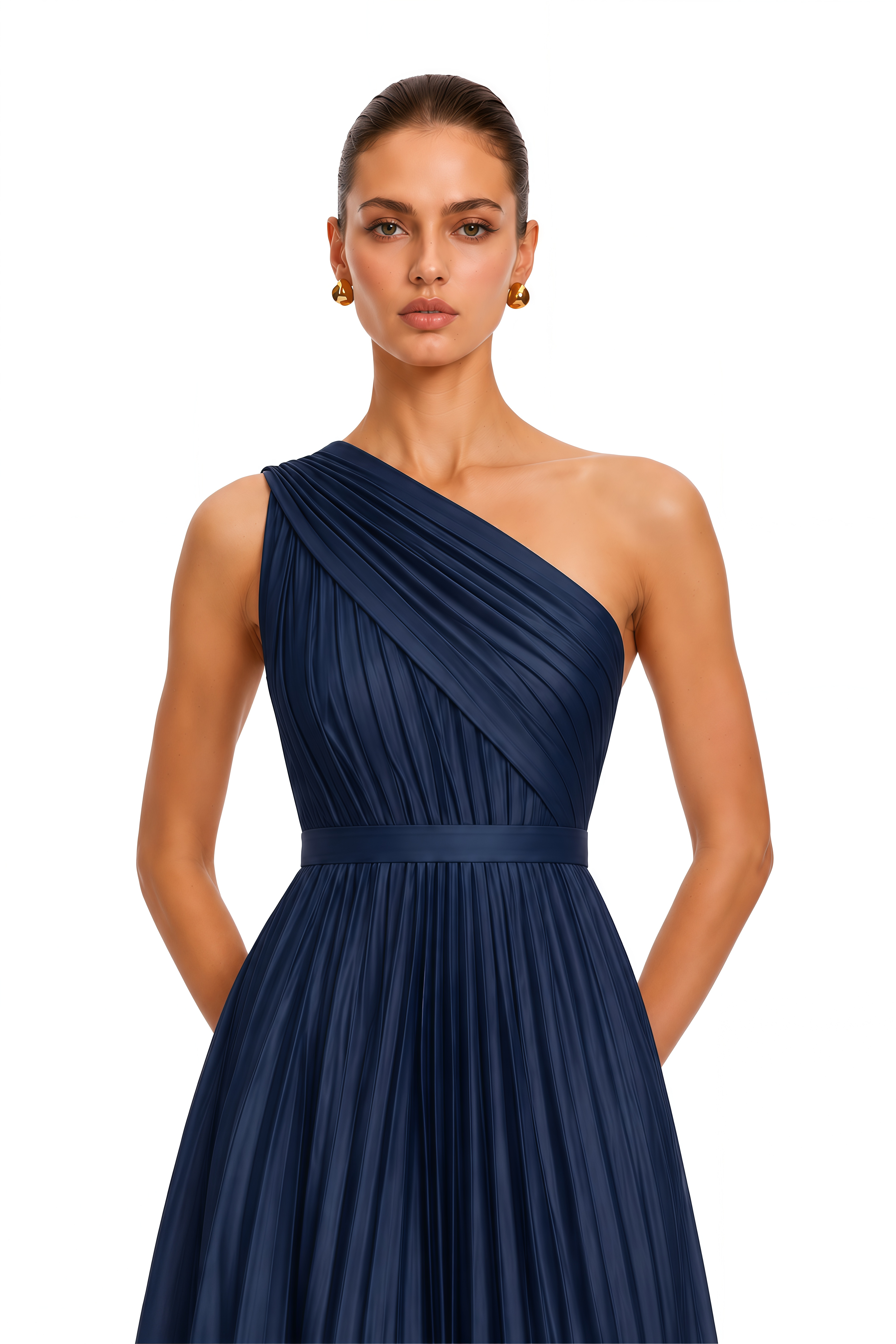 Cristina Navy Blue One-Shoulder Pleated Midi Dress