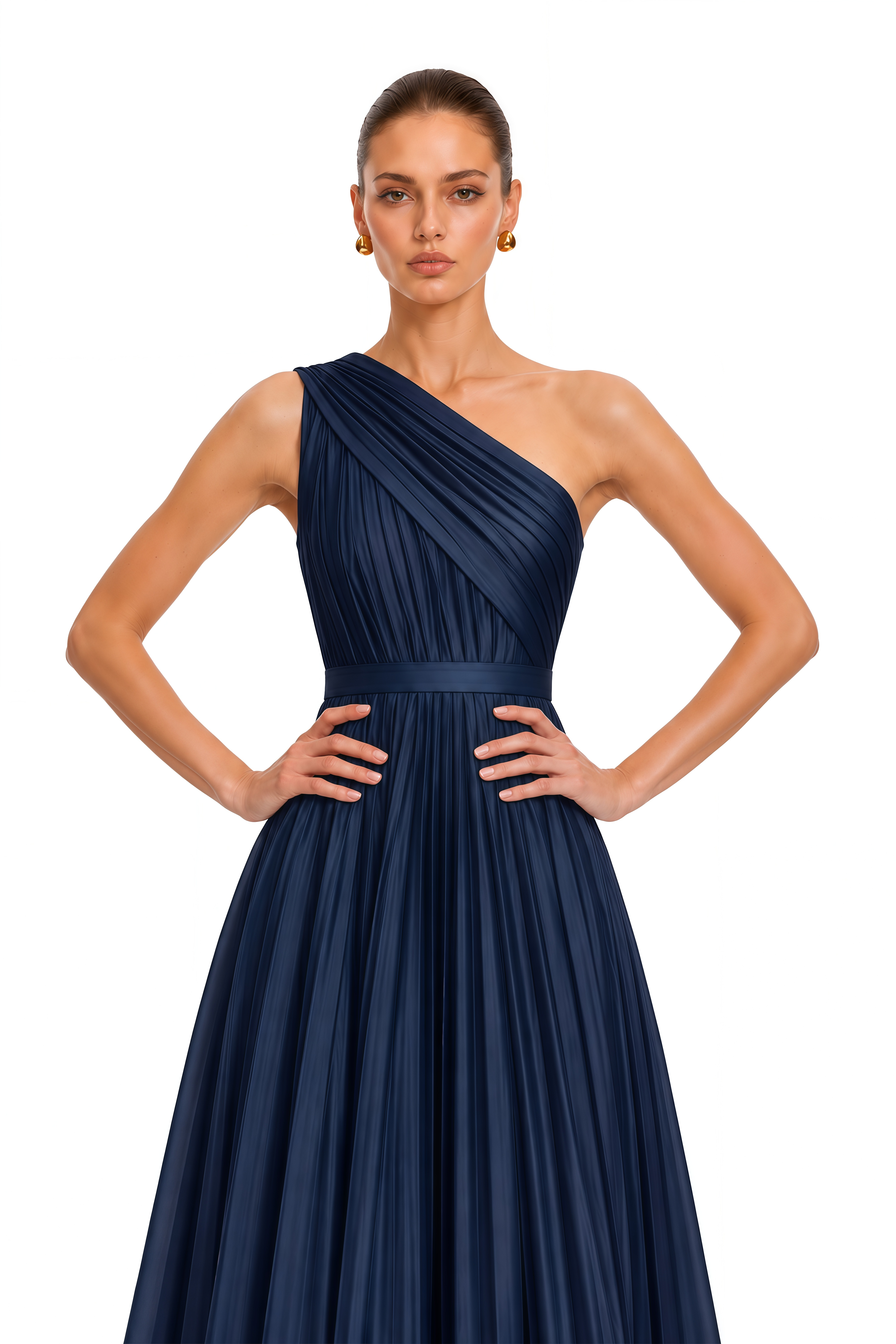 Cristina Navy Blue One-Shoulder Pleated Midi Dress