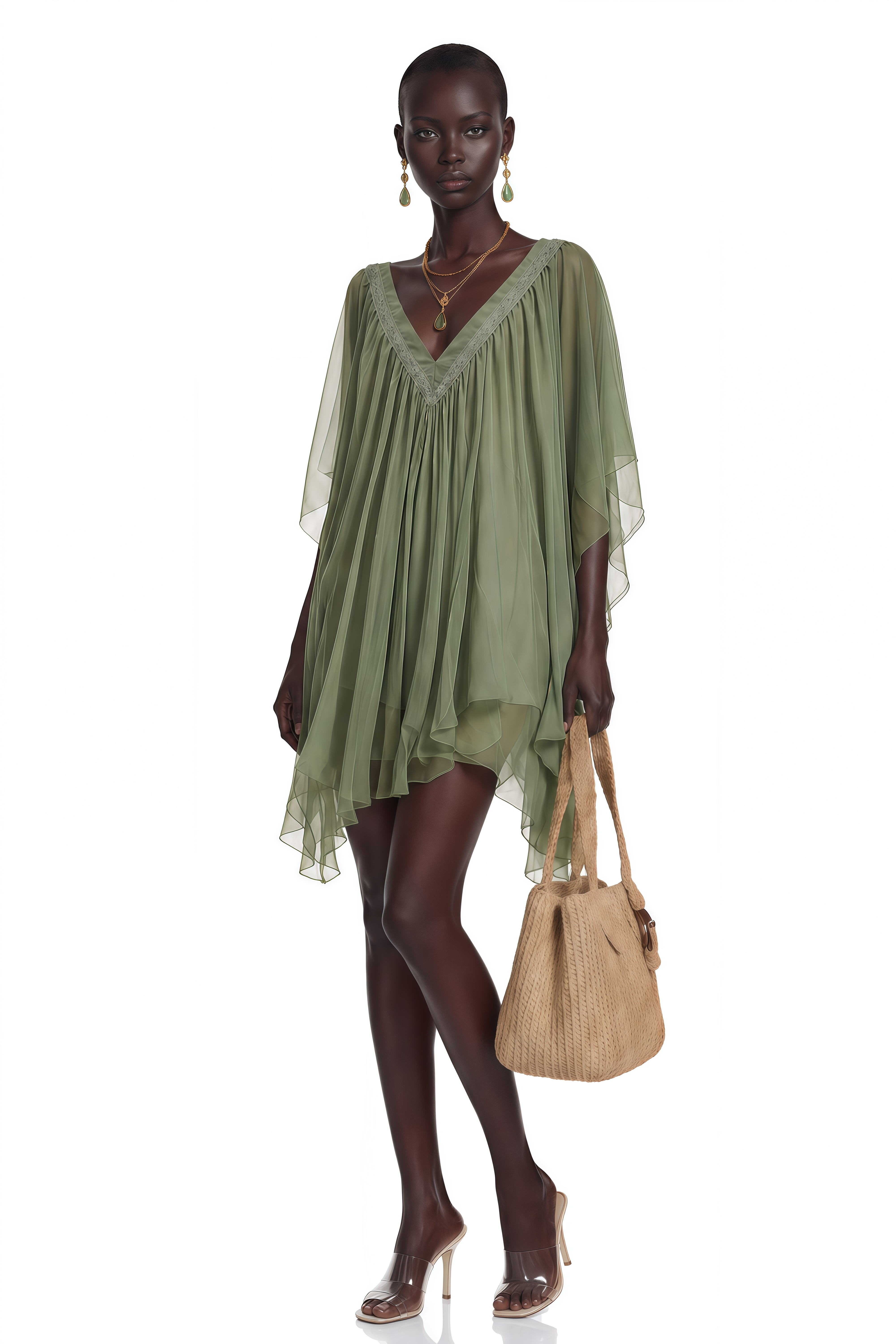 Cyrielle Emerald Green Chiffon Cape Mini Dress