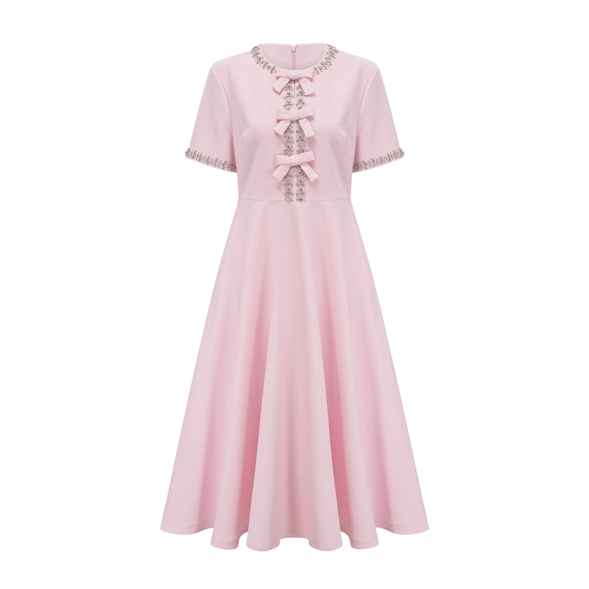 Cassiopeia Crystal-Accented Pink Bow Midi Dress