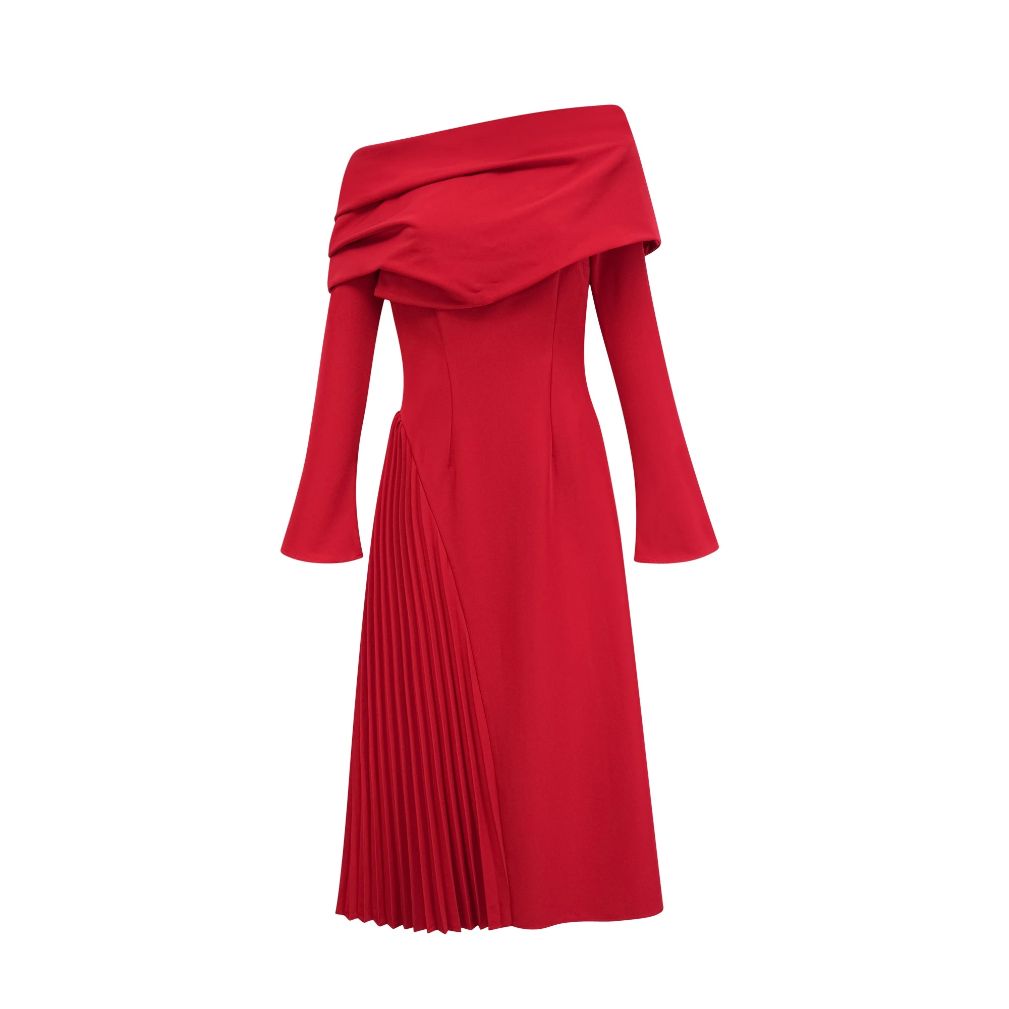Red off-the-shoulder long-sleeve dress with a pleated skirt panel