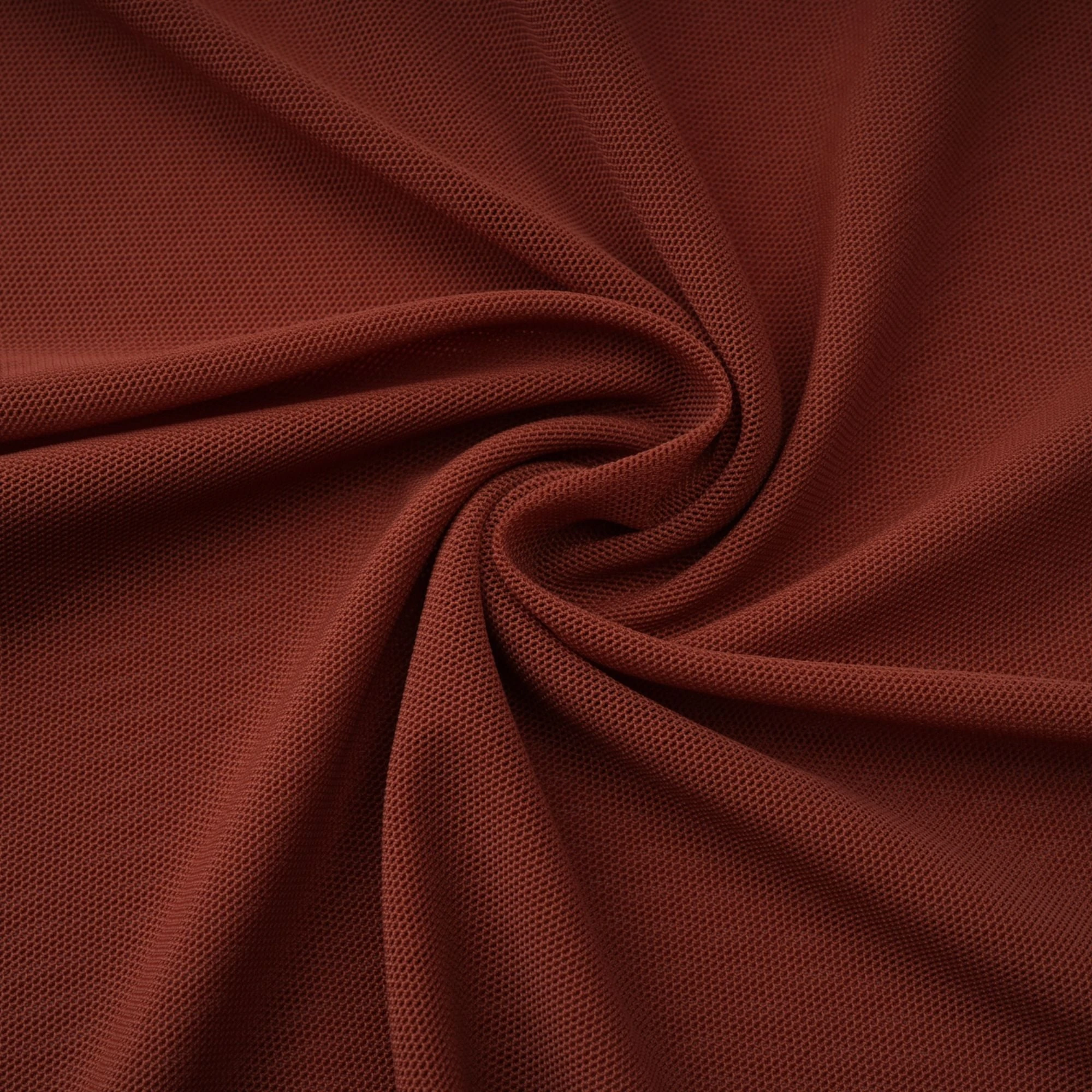 Rust-colored long-sleeve maxi dress with a draped cowl neckline and pleated bodice