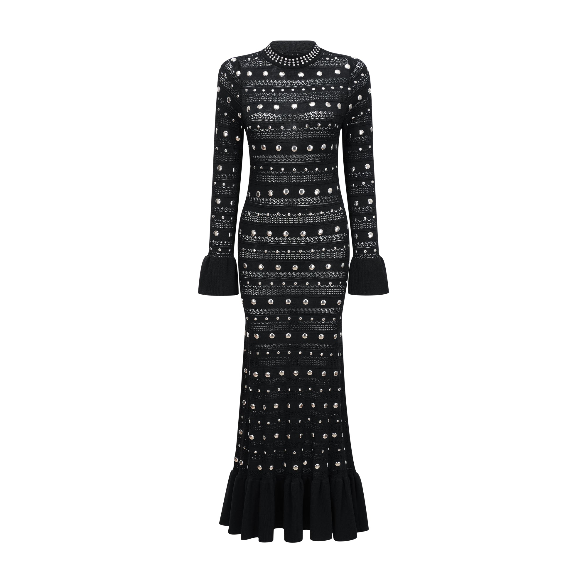 Chloé Black Long Sleeve Studded Crochet Knit Midi dress