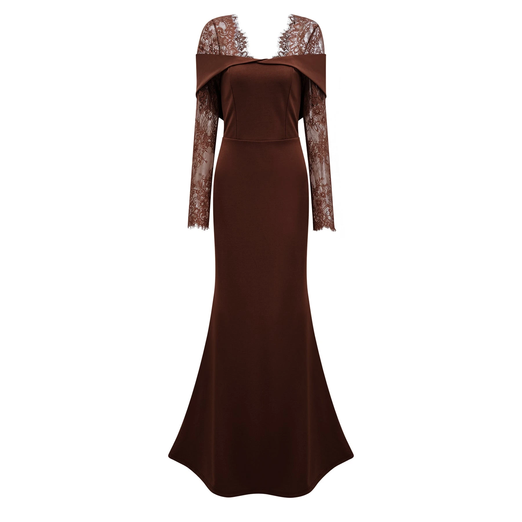  Lace Panel Flared Maxi Gown