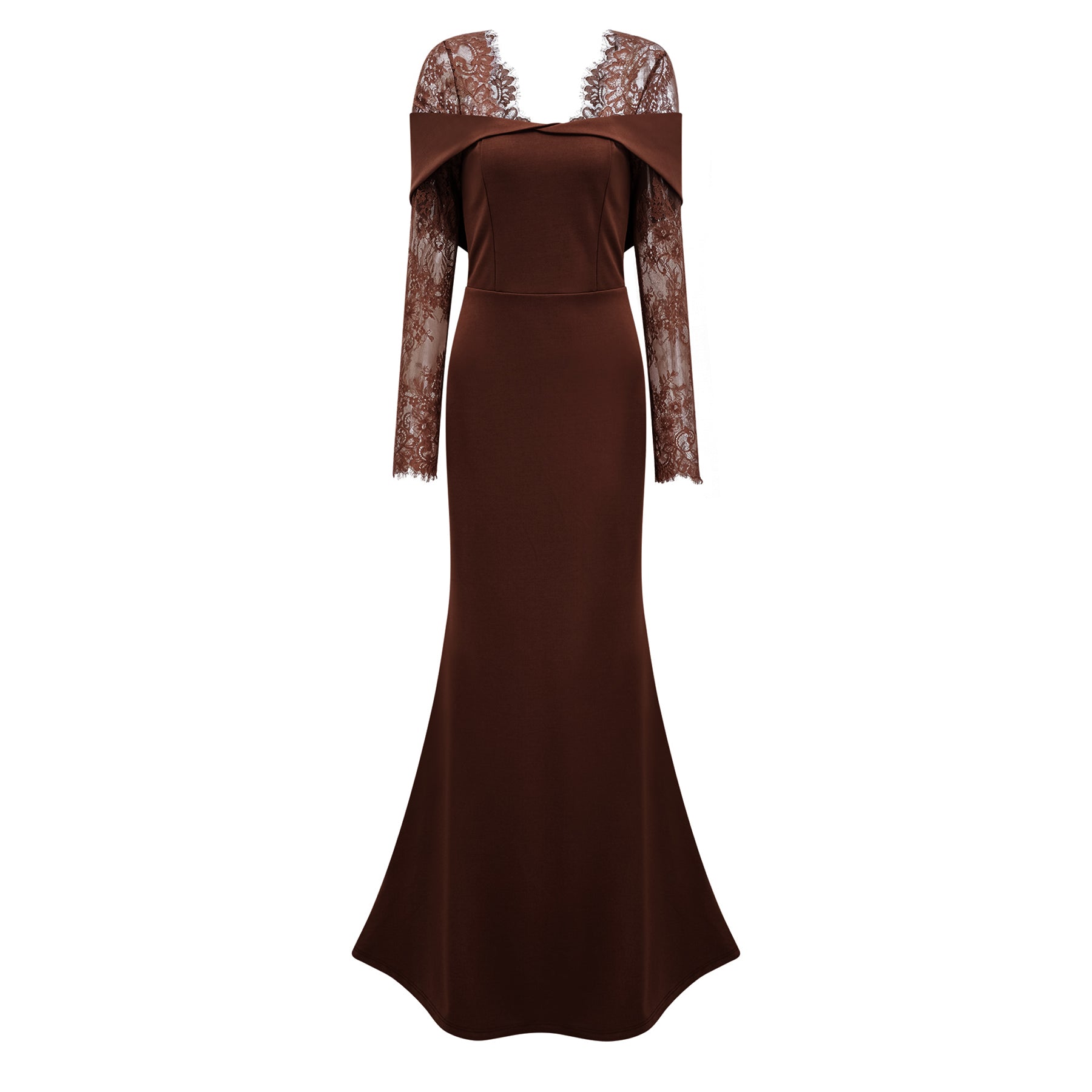  Lace Panel Flared Maxi Gown