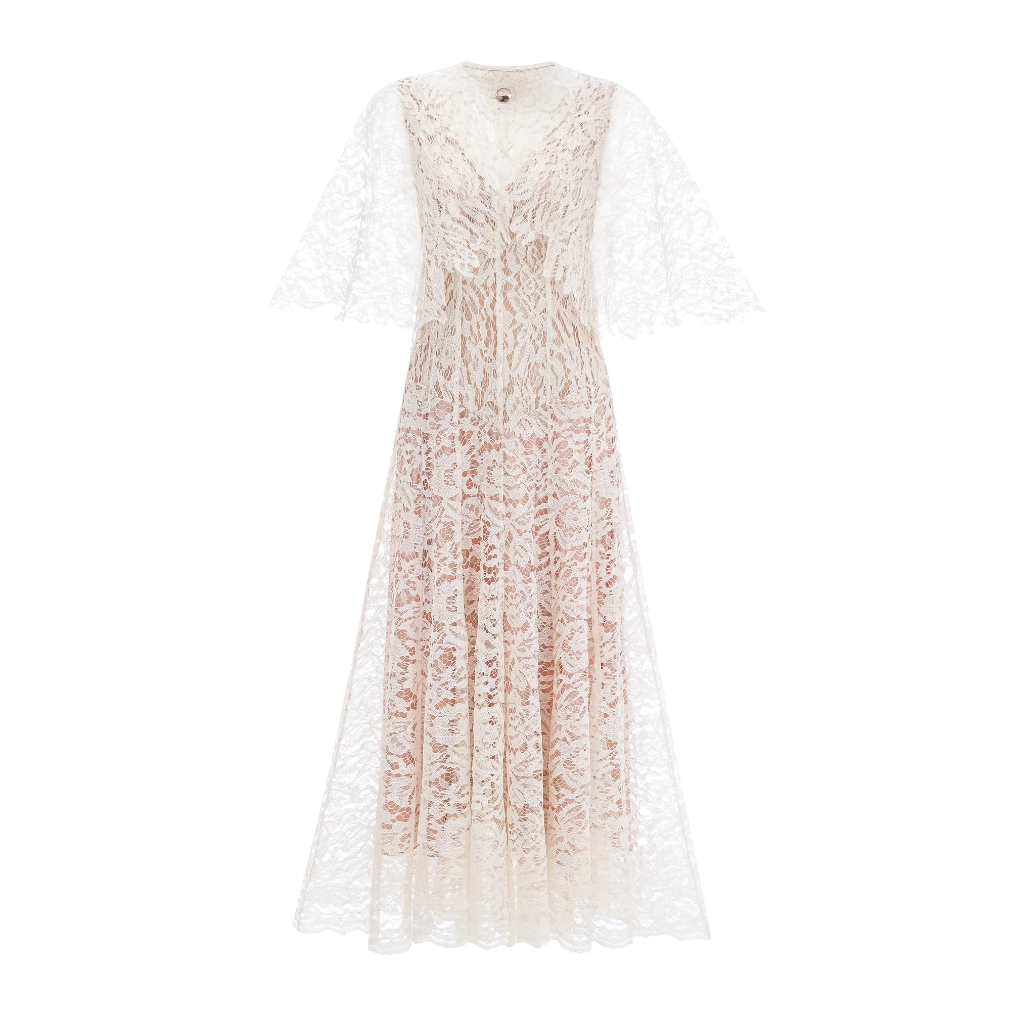 White lace midi dress with a keyhole neckline and a flared skirt over a nude lining