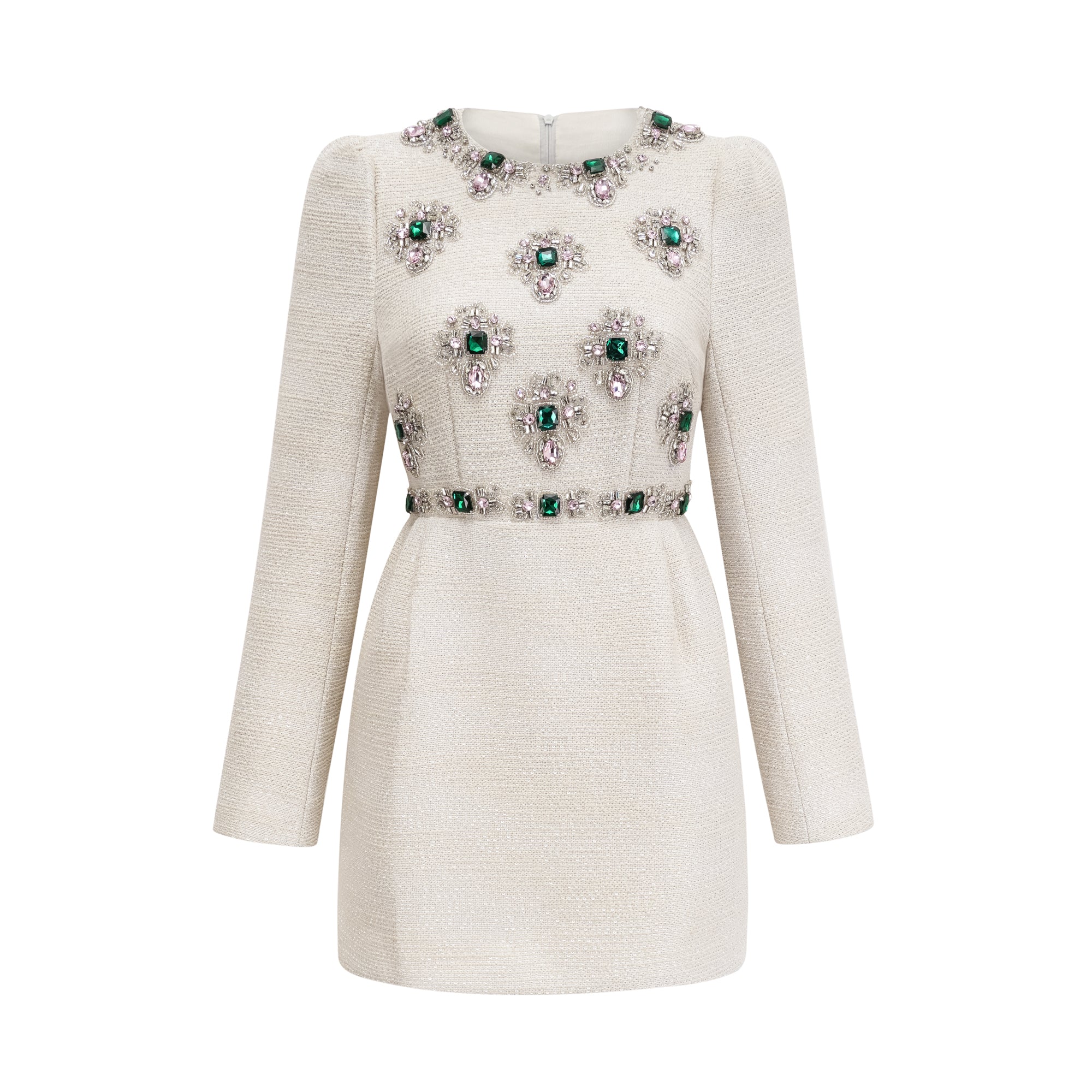 Pauline White Tweed Bead-Embellished Mini Dress