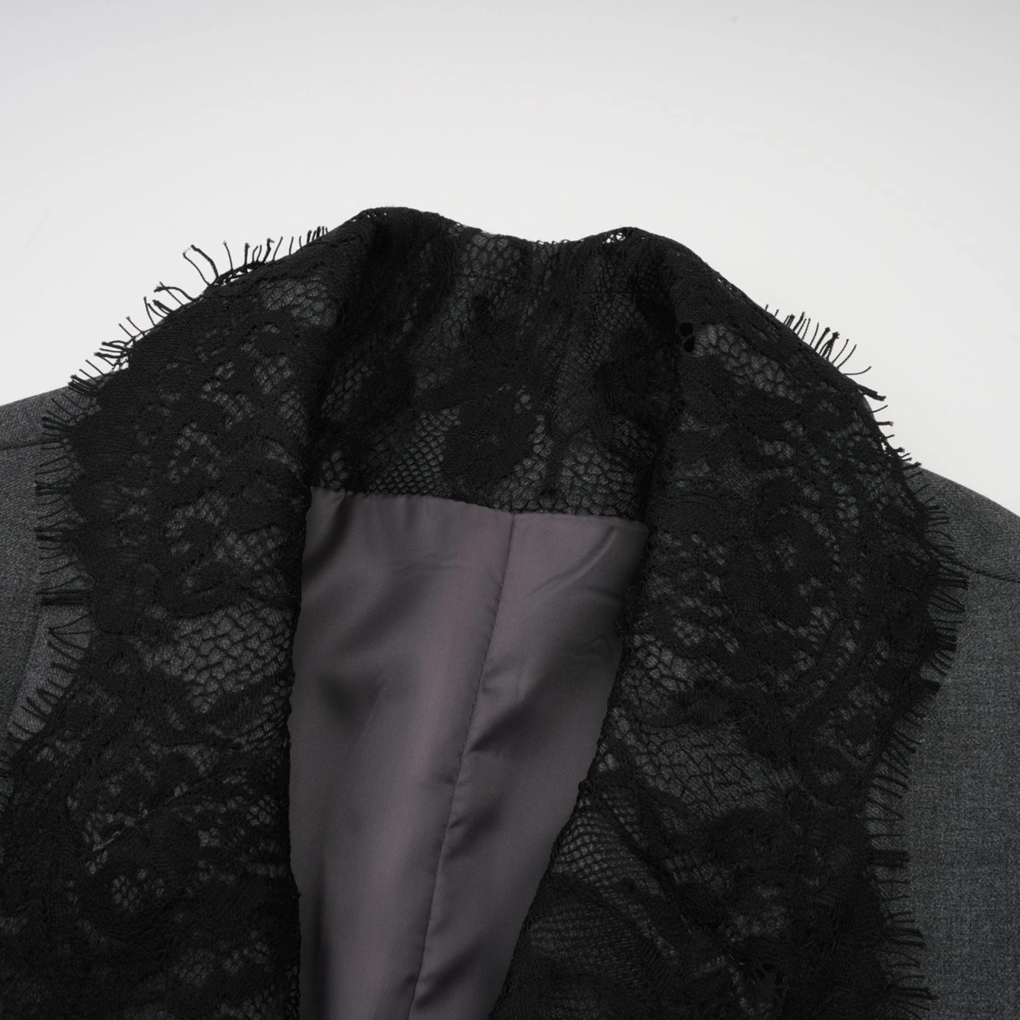 Grey blazer with black lace trim