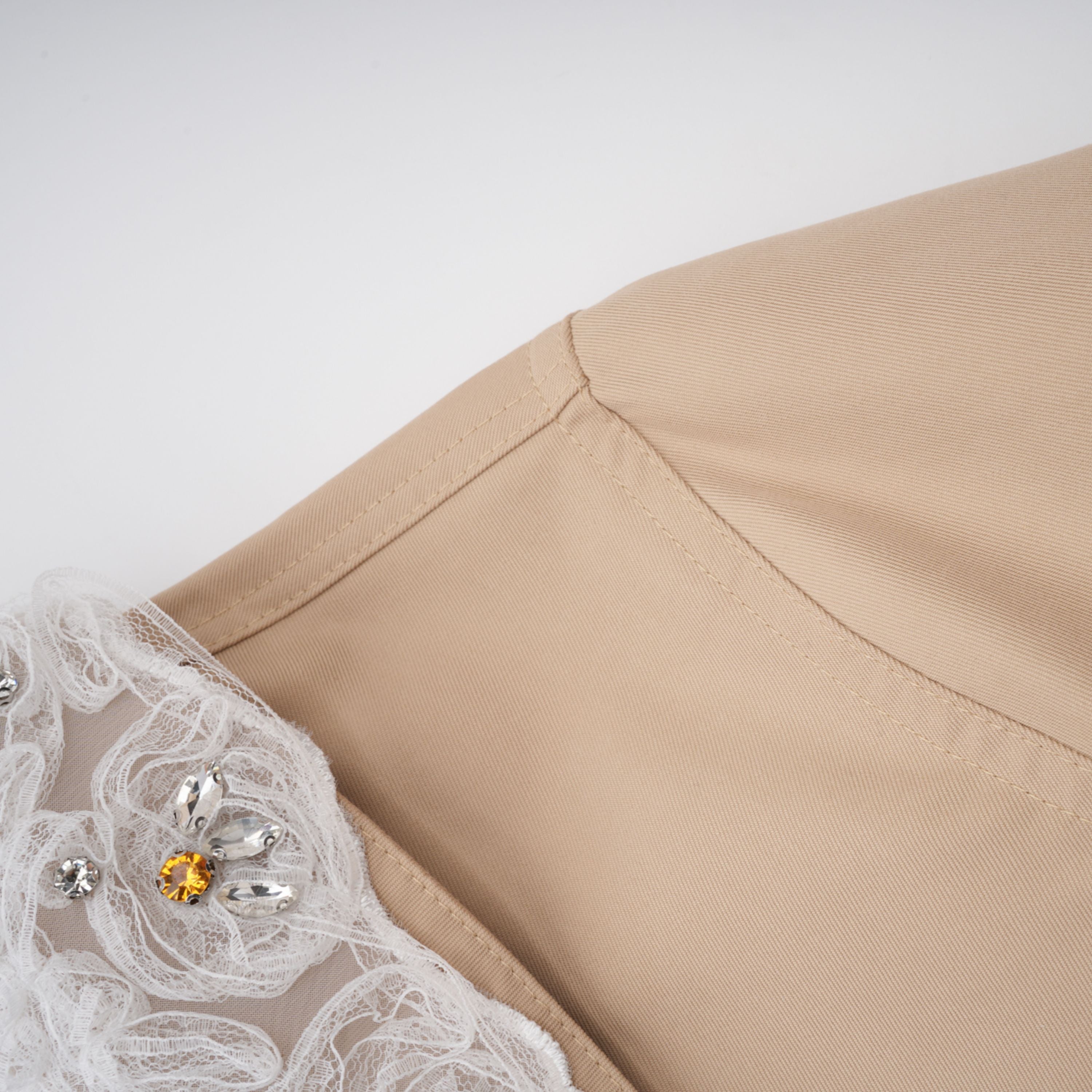 Marta Khaki Embellished Lace Trim Trench Coat