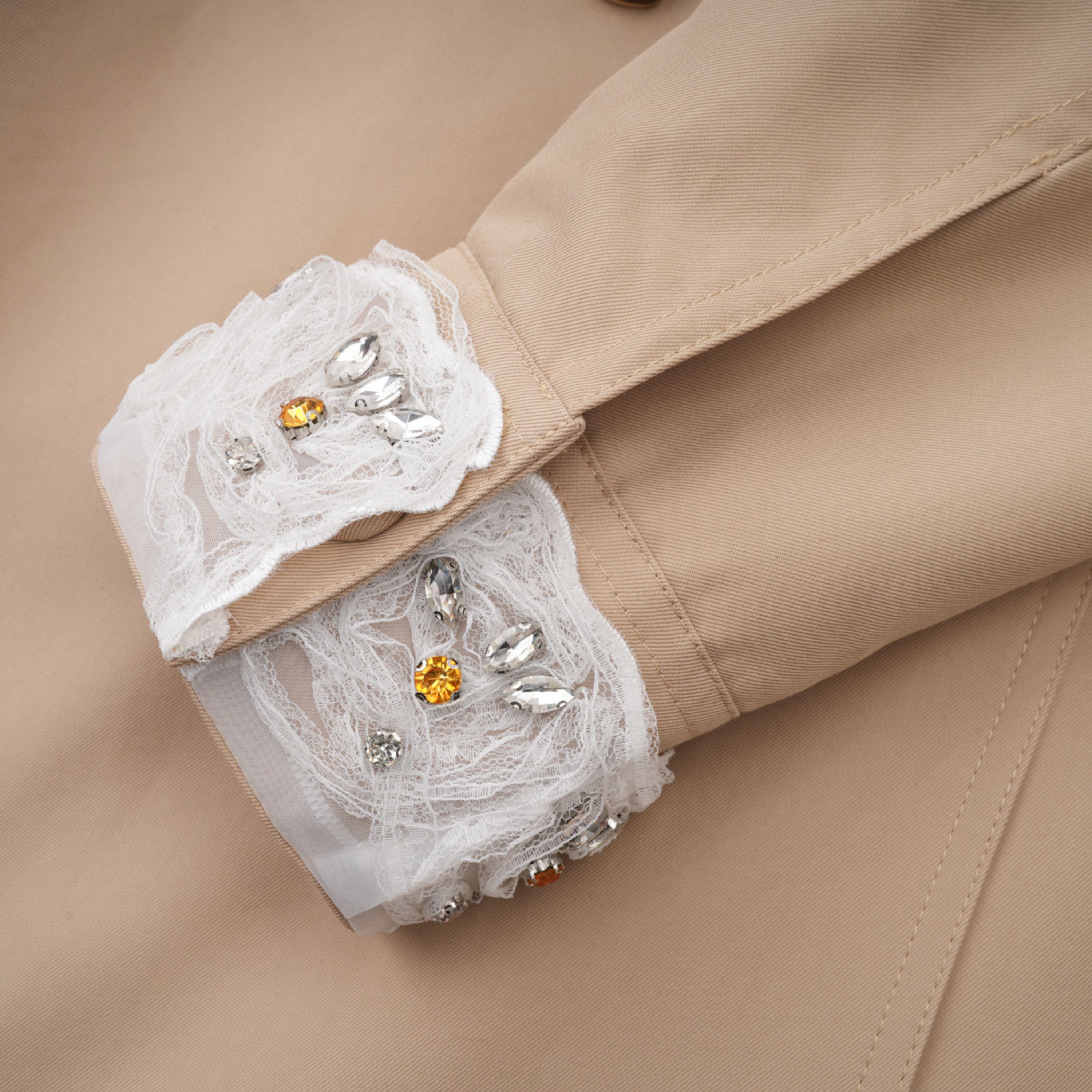Marta Khaki Embellished Lace Trim Trench Coat