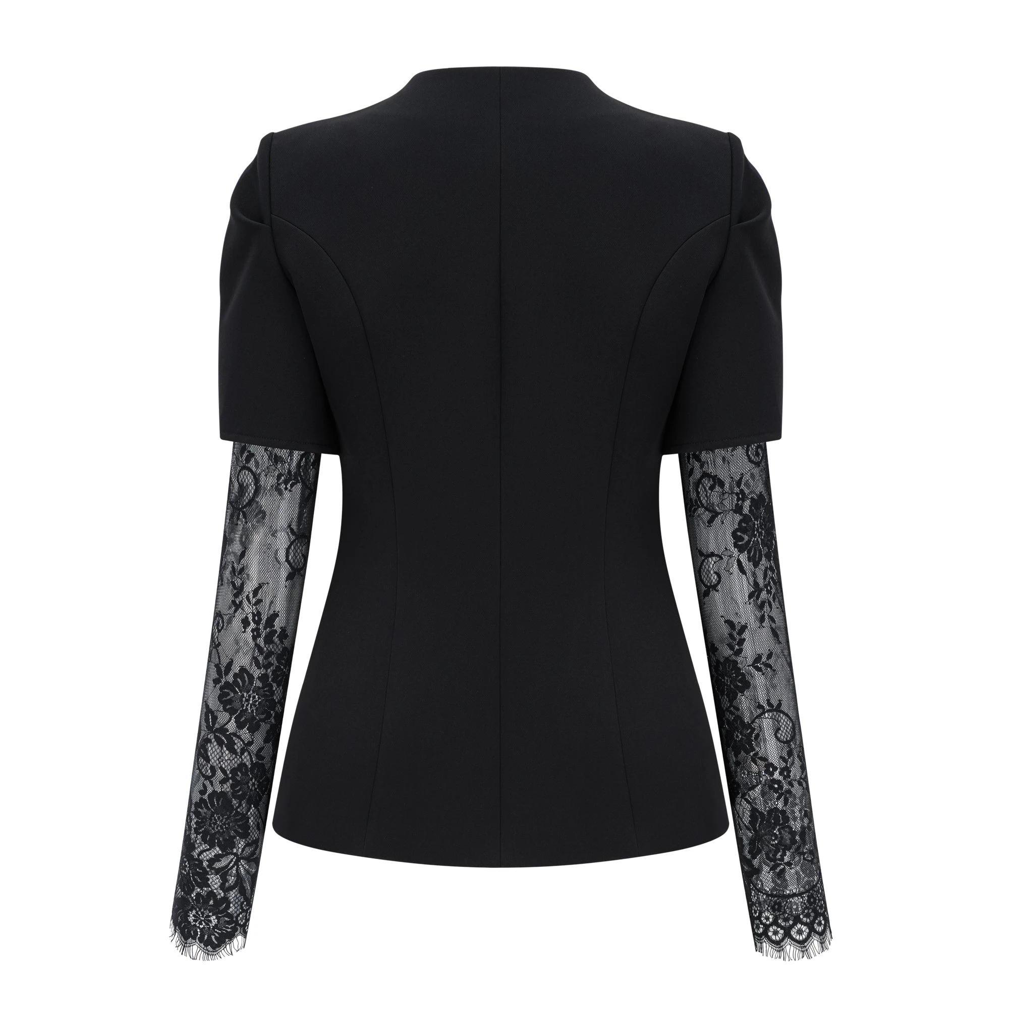 Saffron Black Collarless Blazer with Lace Trim