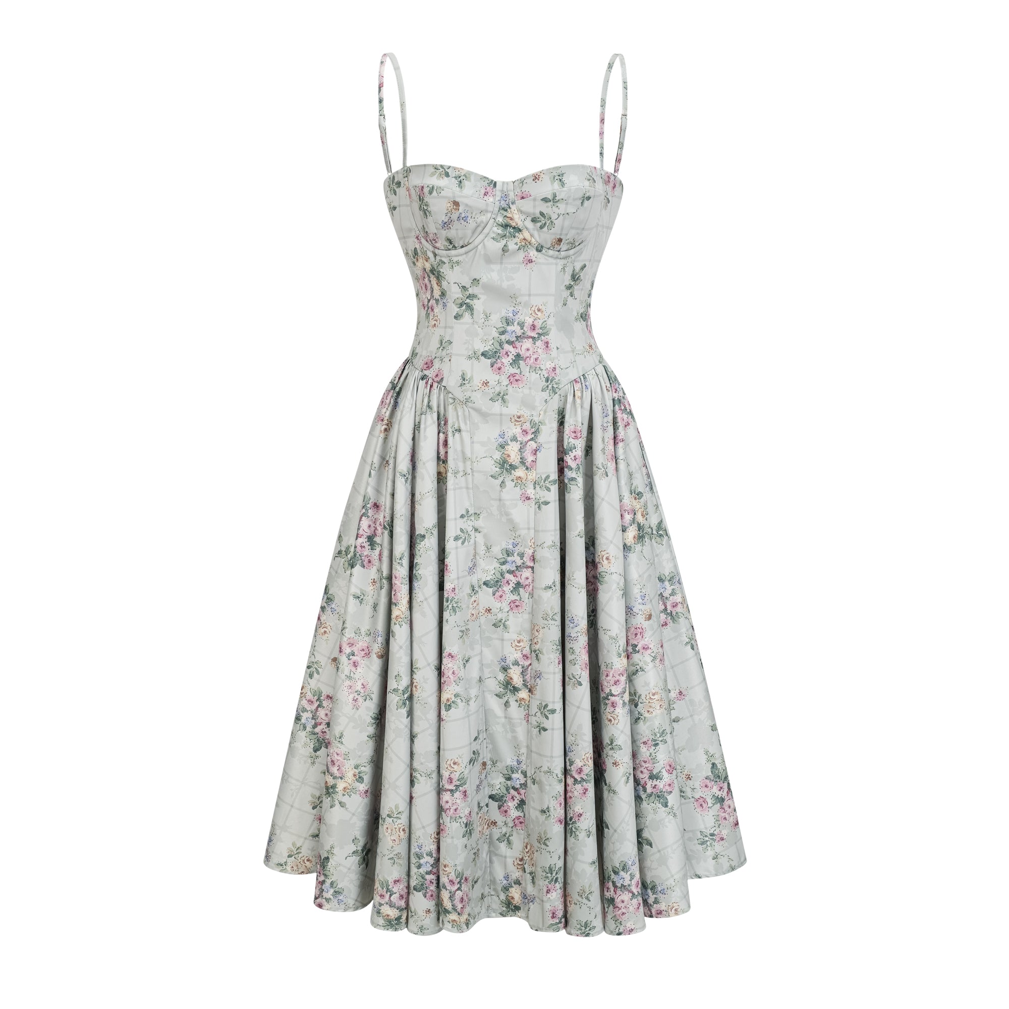 Prunelle Sage-Green Floral-Print Shirred Midi Dress