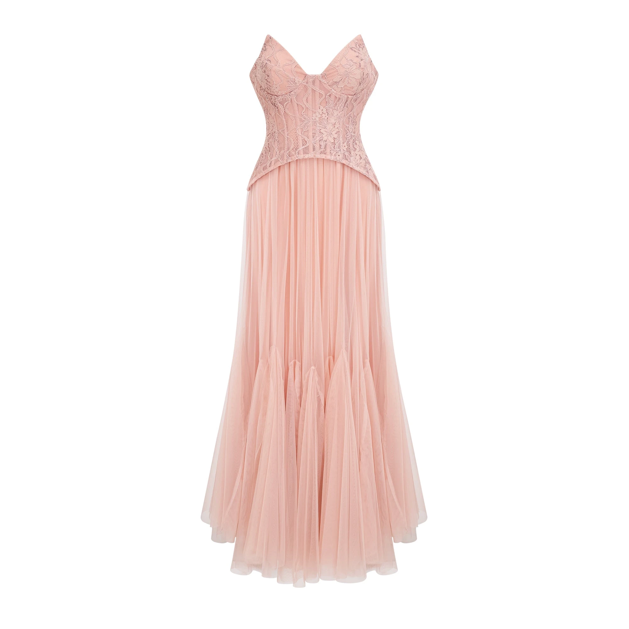 Ulrique Pink Lace Corset Tulle Maxi Dress