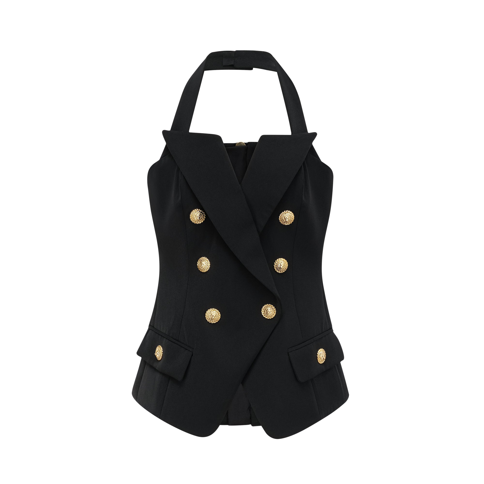 Harper Black Tailored Double-breasted Halterneck Top