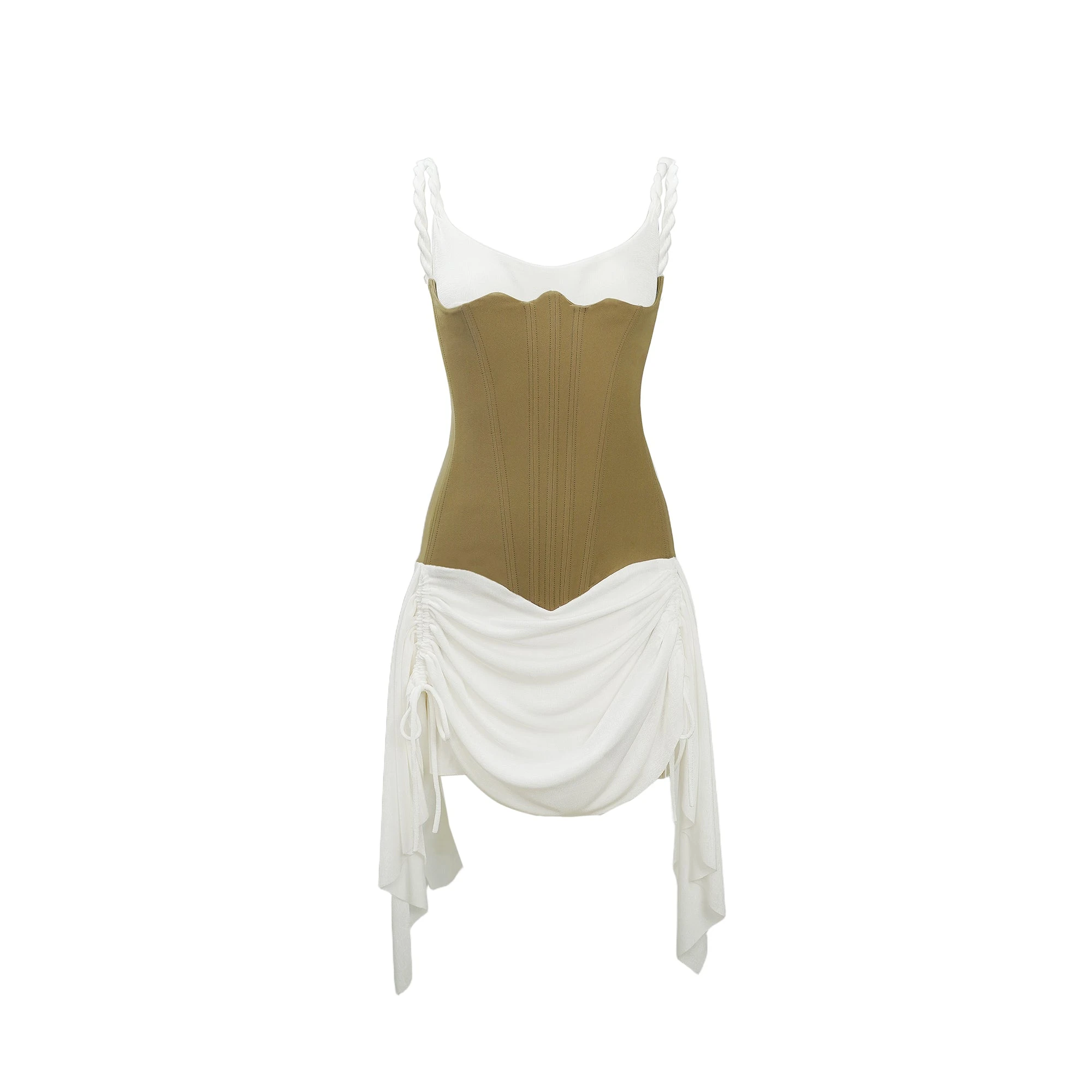 White camisole mini dress featuring a structured tan corset bodice and a draped ruched skirt with drawstring details