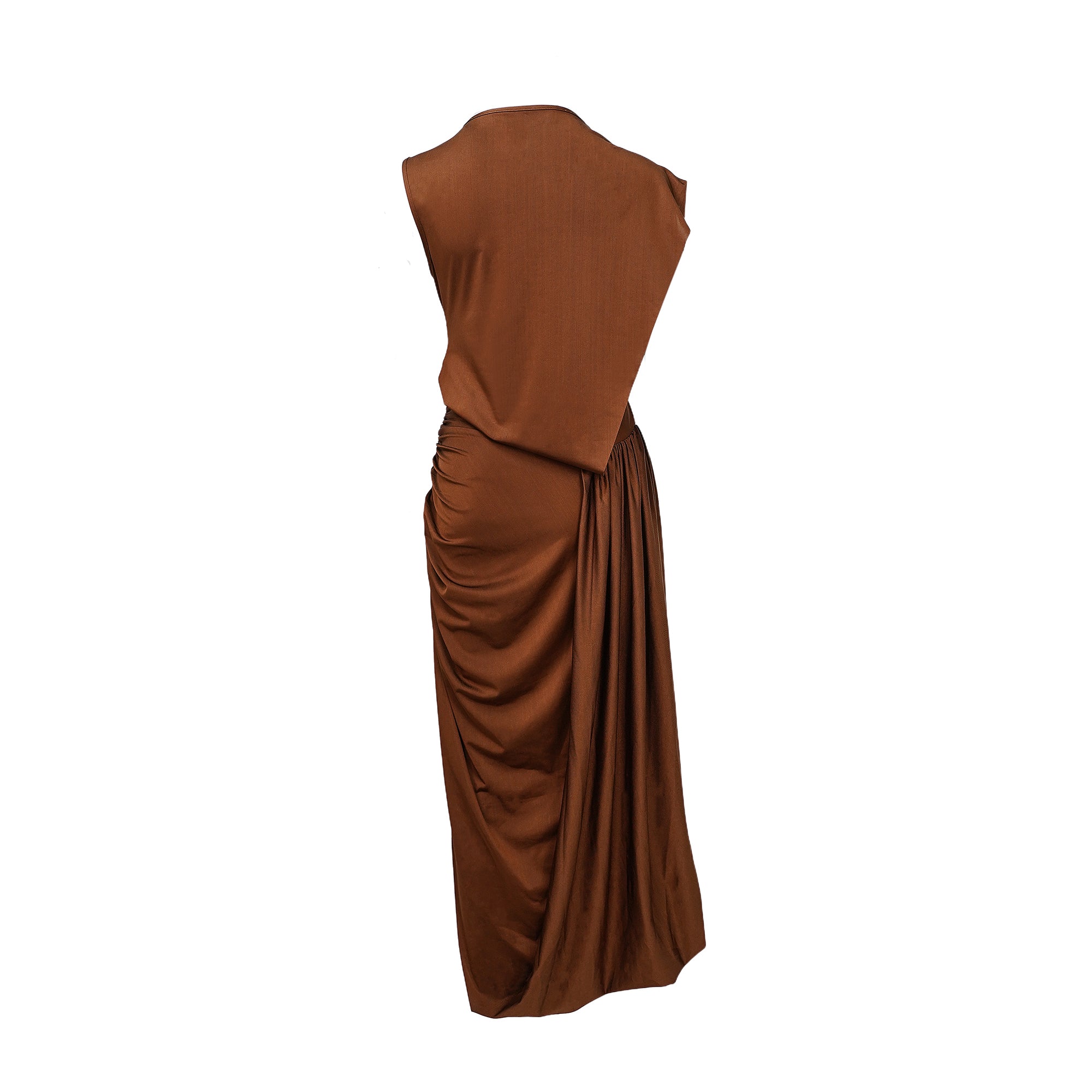 Reine Brown Asymmetrical Ruched Maxi Dress