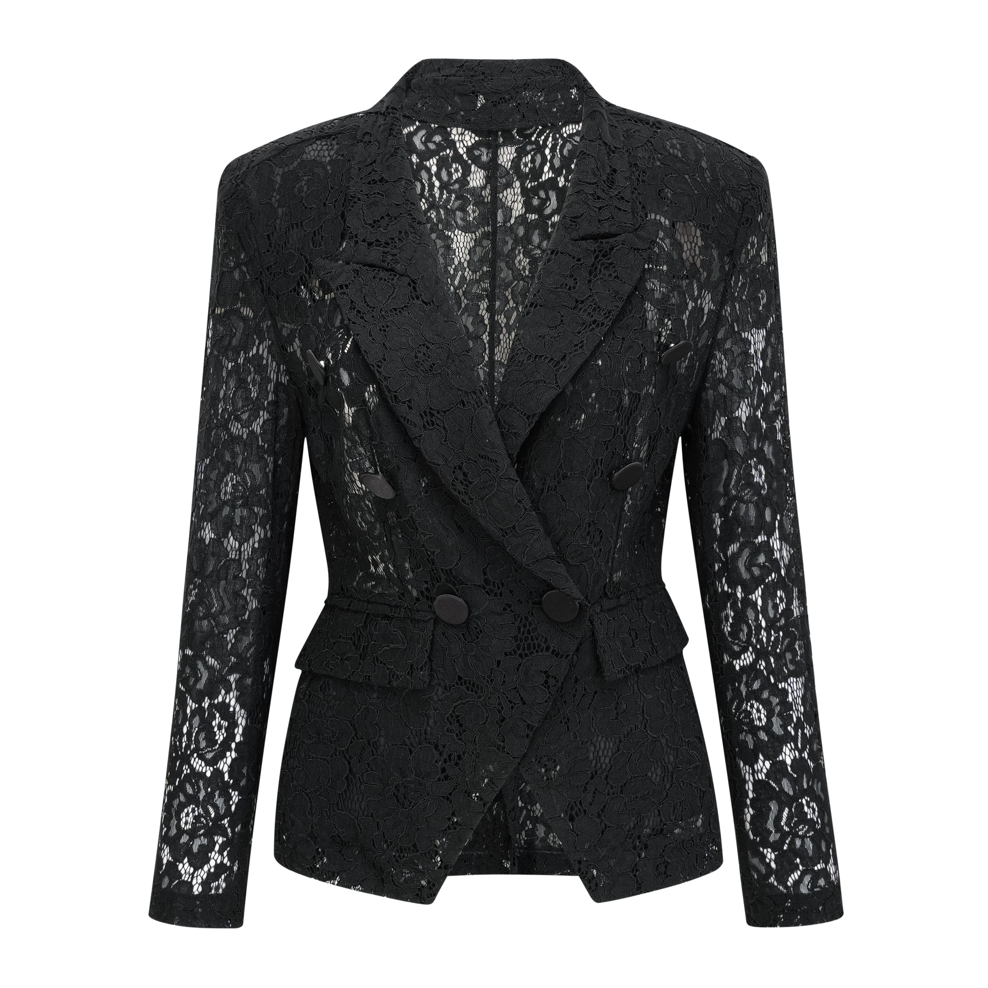 Black sheer floral lace pantsuit with structured shoulders