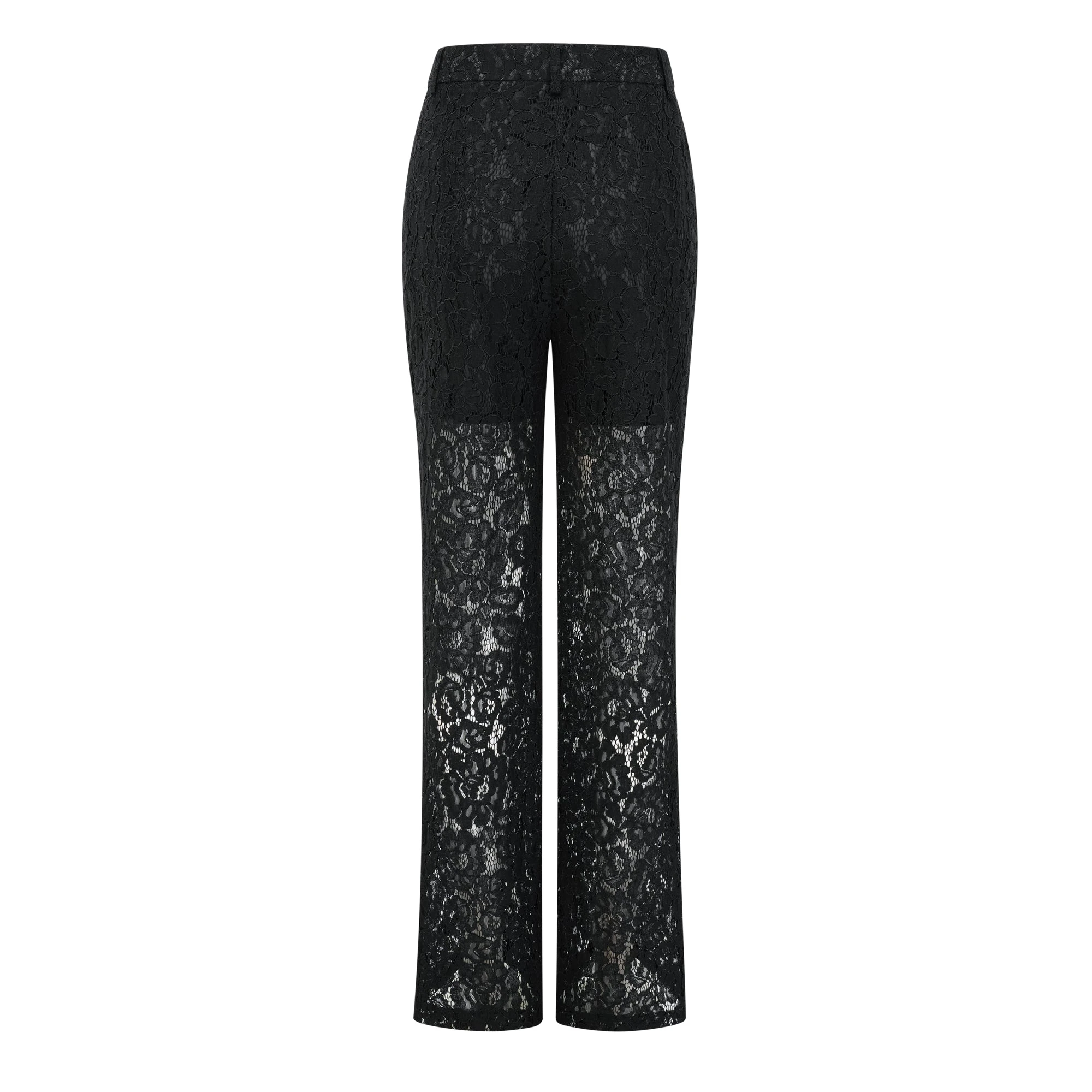Black sheer floral lace pantsuit with structured shoulders