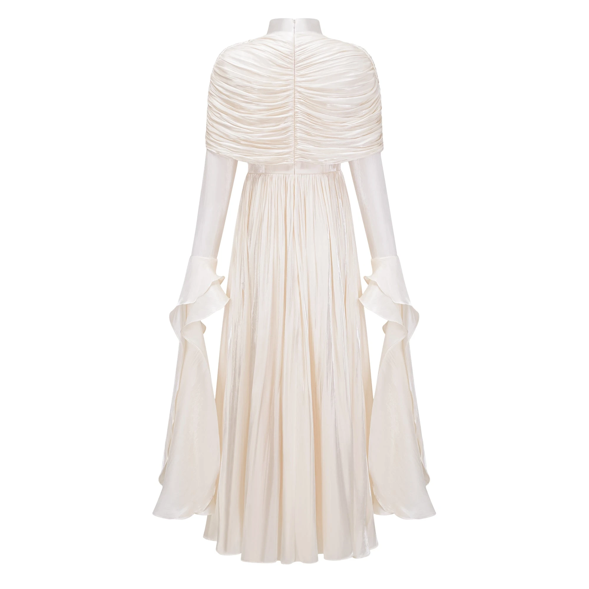 Ruched Cape Ruffled Maxi Dress