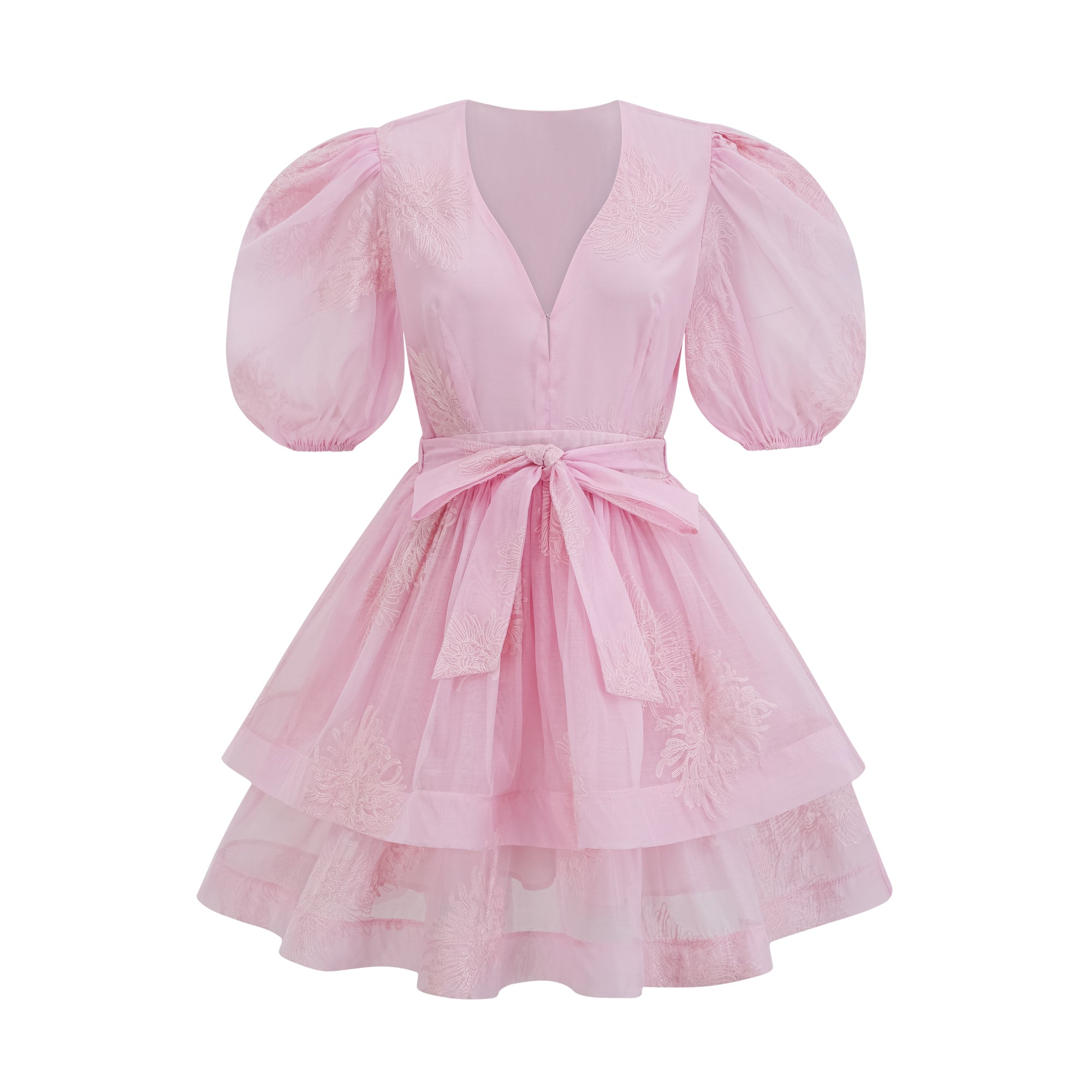 Florence Pink Floral-Embroidered Layered Mini Dress