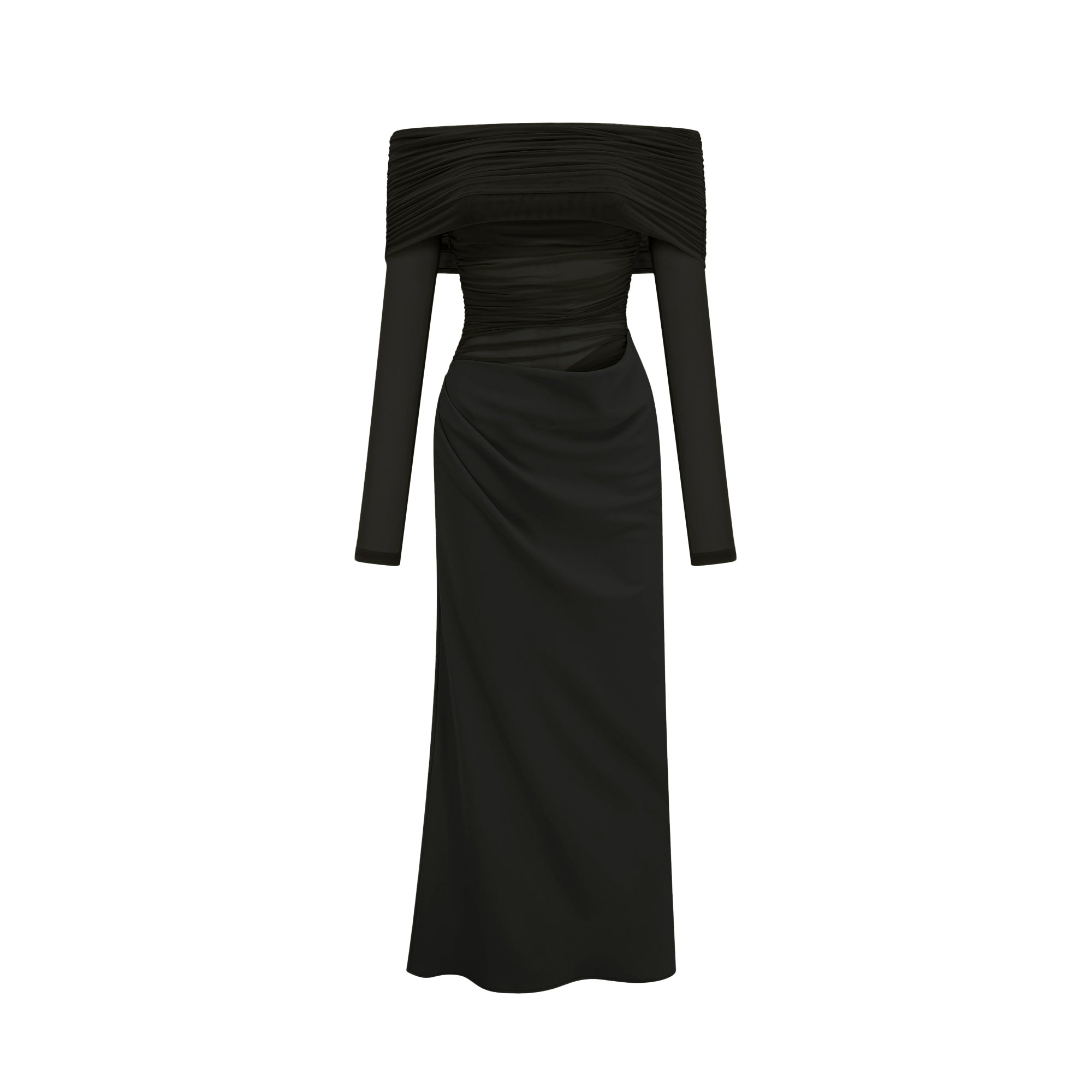 Estelle Off-Shoulder Semi-Sheer Midi Dress in Black