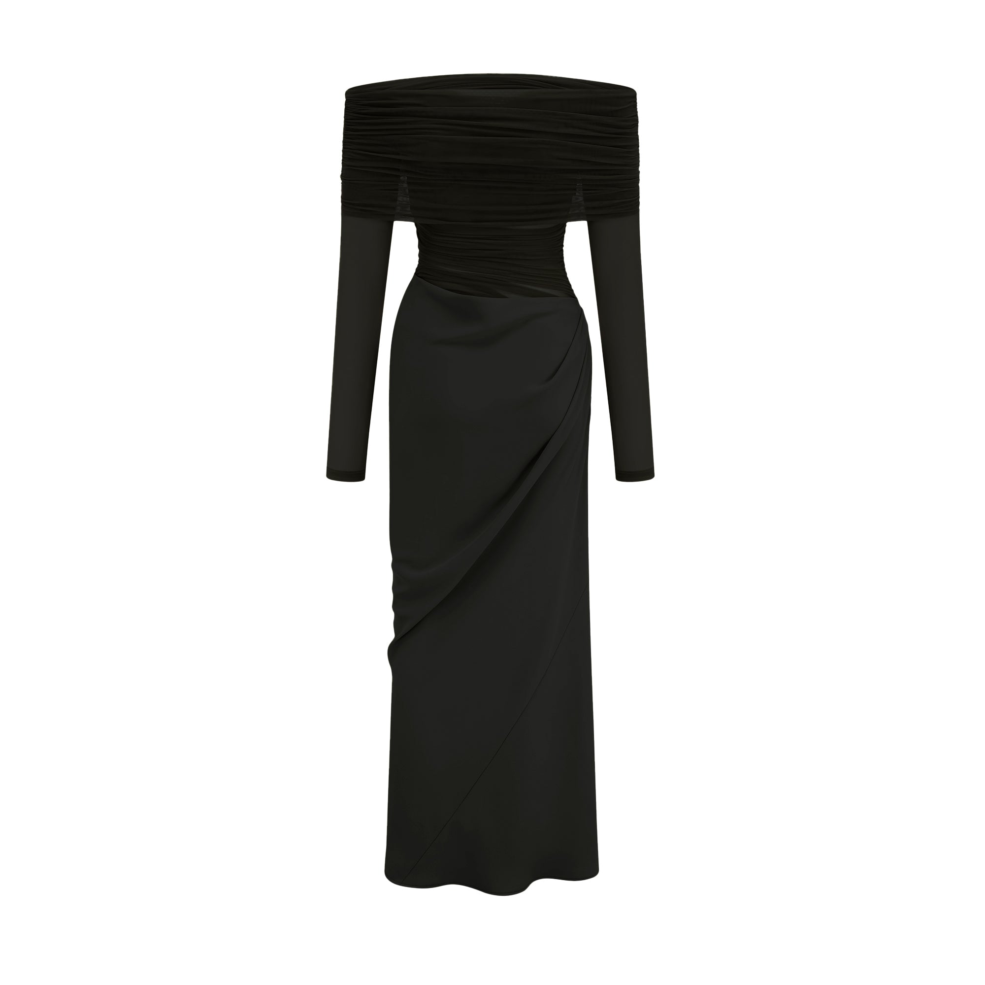 Estelle Off-Shoulder Semi-Sheer Midi Dress in Black