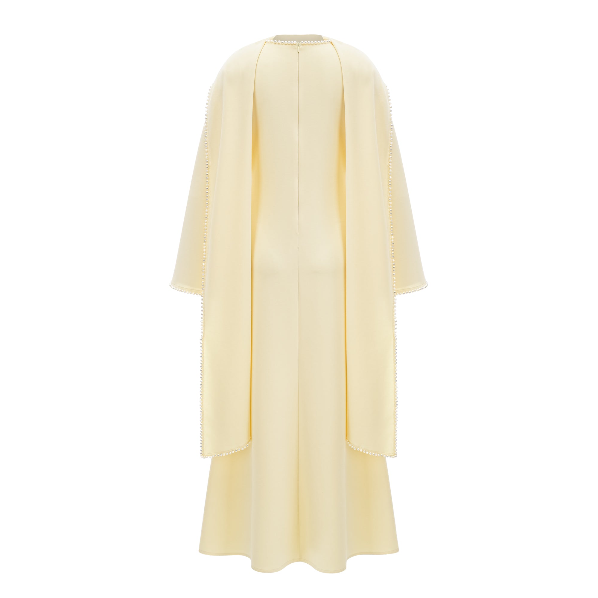 Light yellow long-sleeve maxi dress with a matching beaded cape overlay