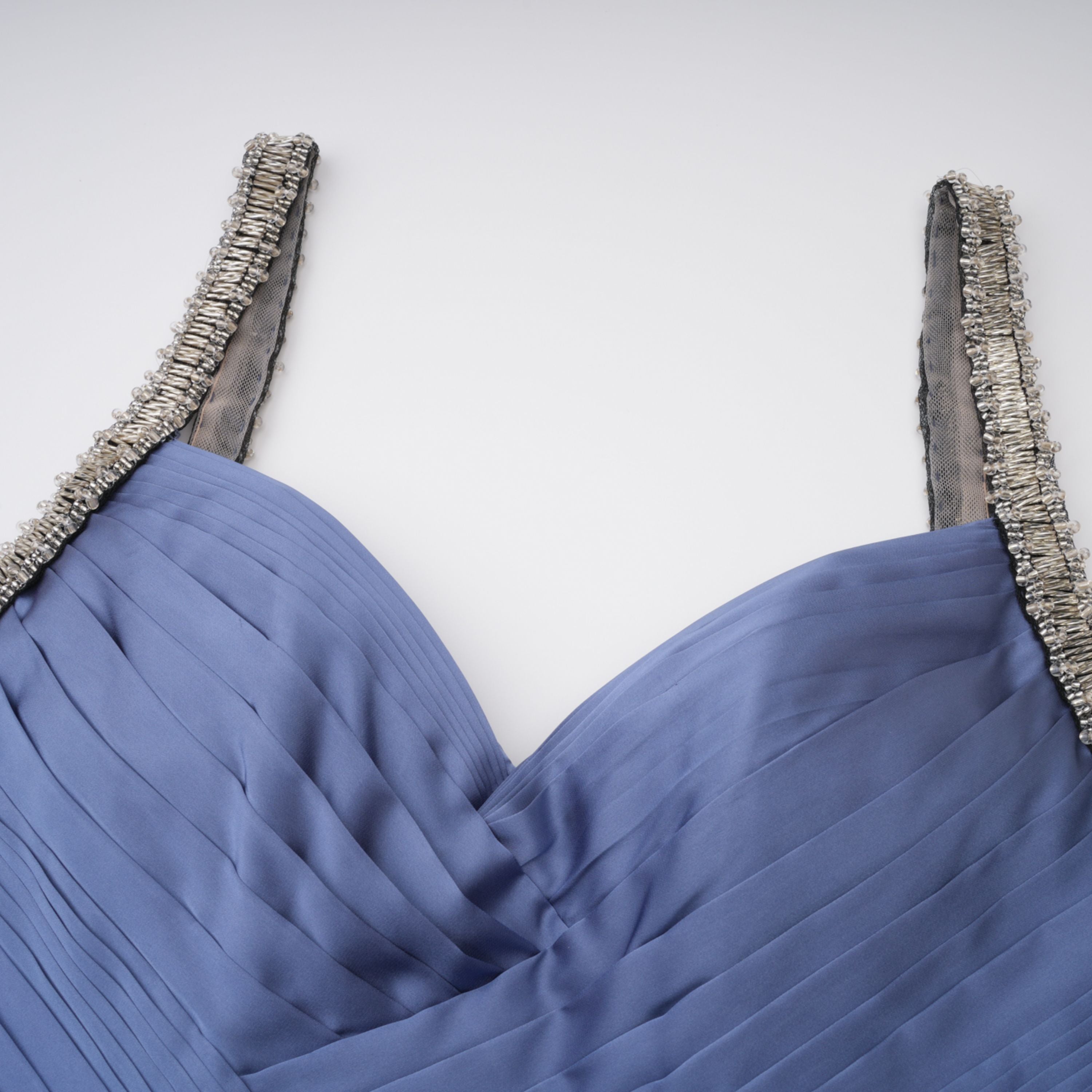 Angelína Blue Diagonal Pleated Gathered Maxi Gown