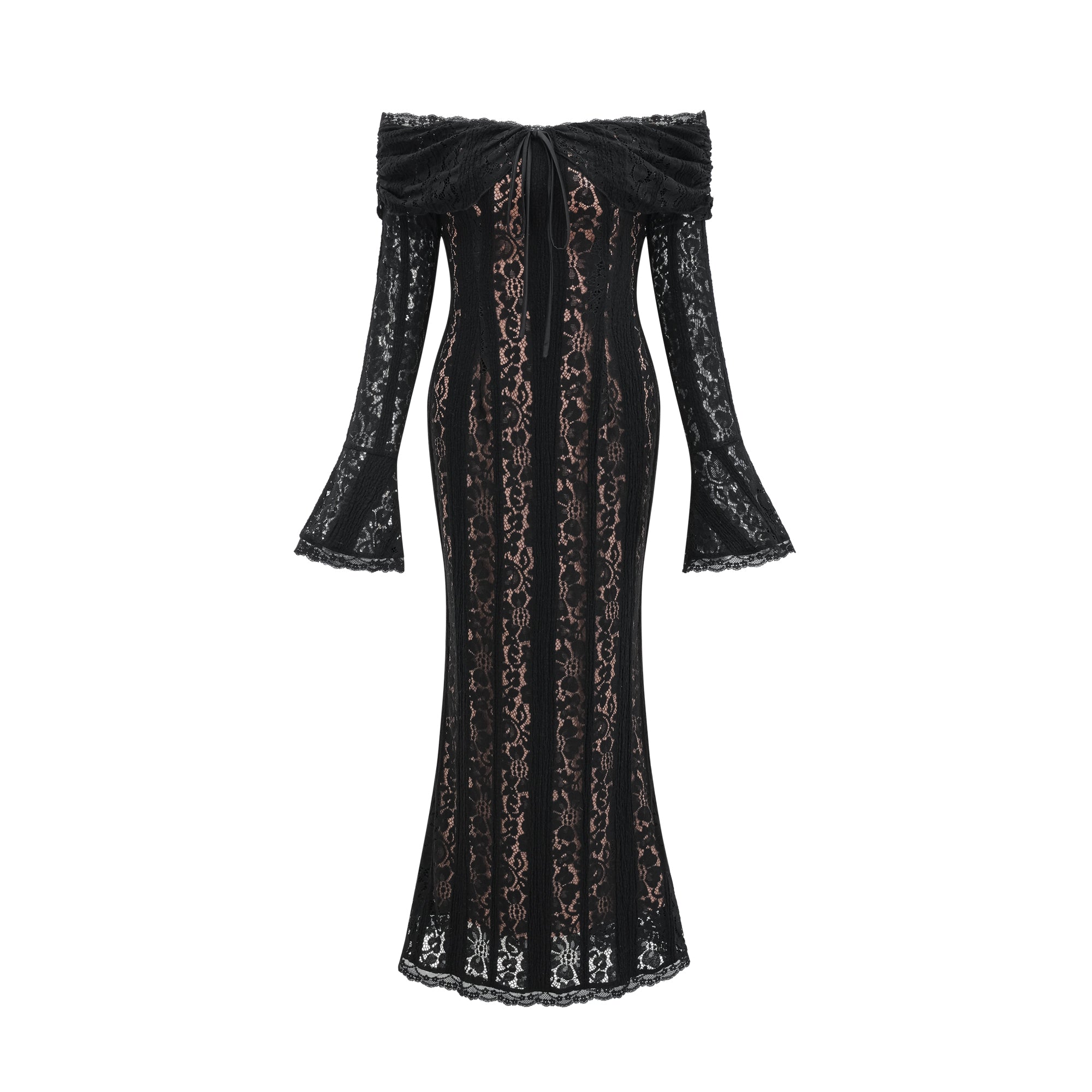Émeline Floral Lace Flared-Cuff Midi Dress in Black